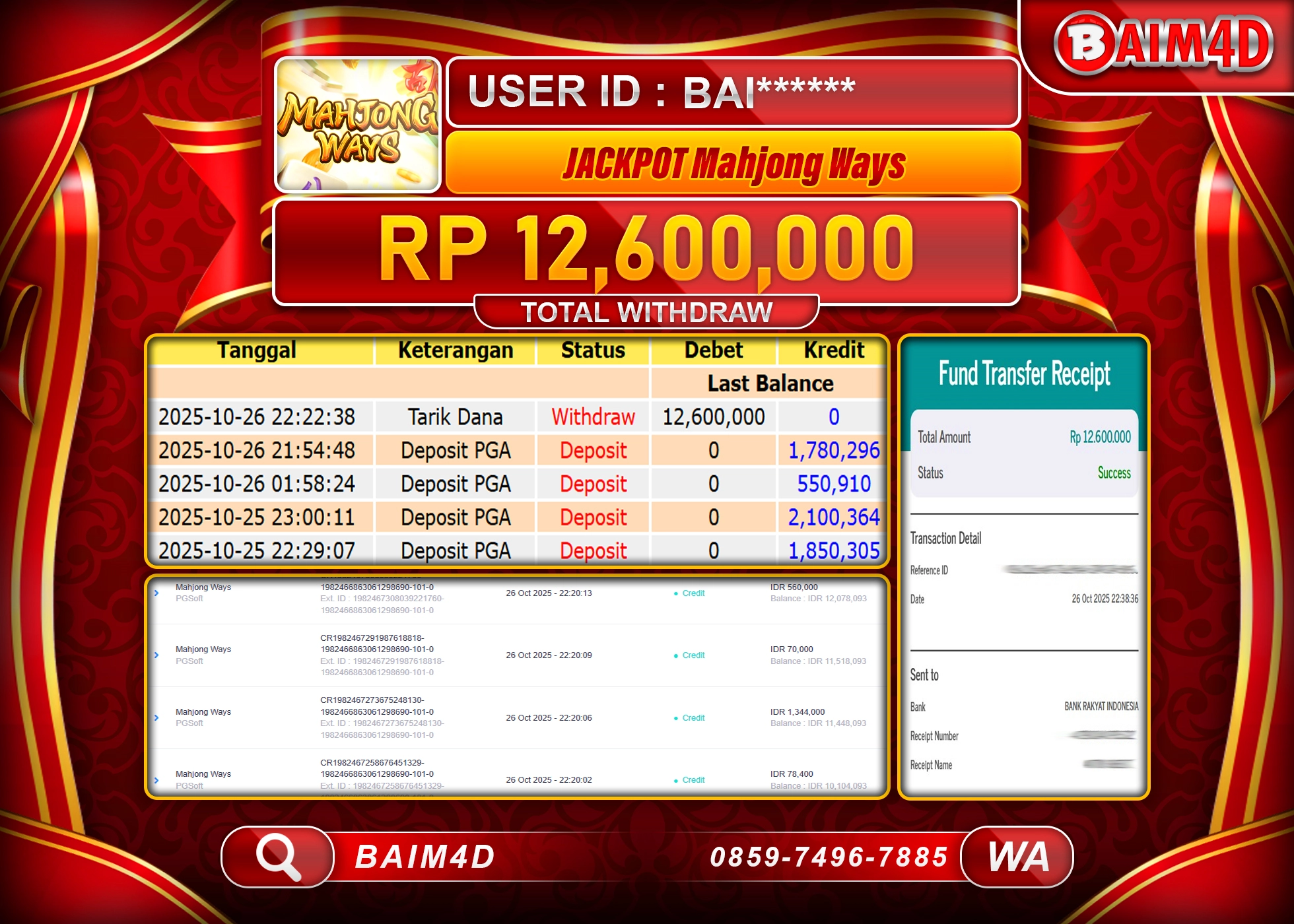 BAIM4D JACKPOT SLOT MAHJONG WAYS PG SOFT Rp.12,600,000- LUNAS