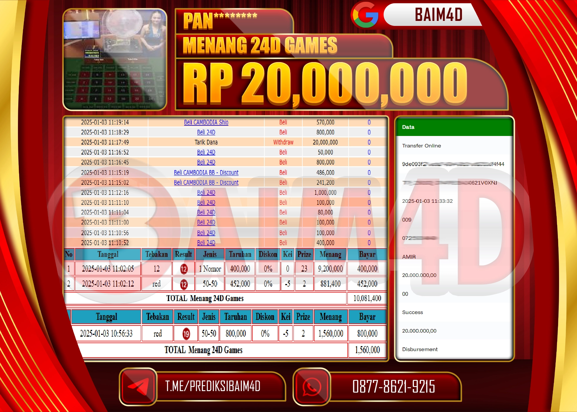 BAIM4D JACKPOT MENANG 24D SPIN GAMES Rp.20.000,000.- LUNAS