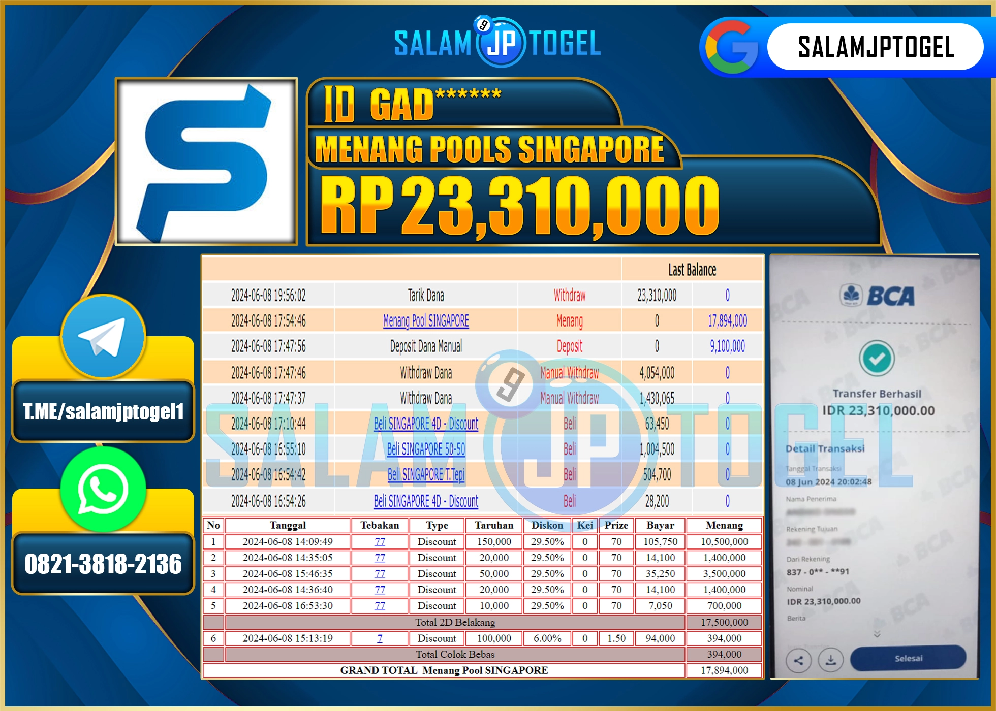 SALAMJPTOGEL MENANG SINGAPORE POOLS RP. 23,310,000.,LUNAS