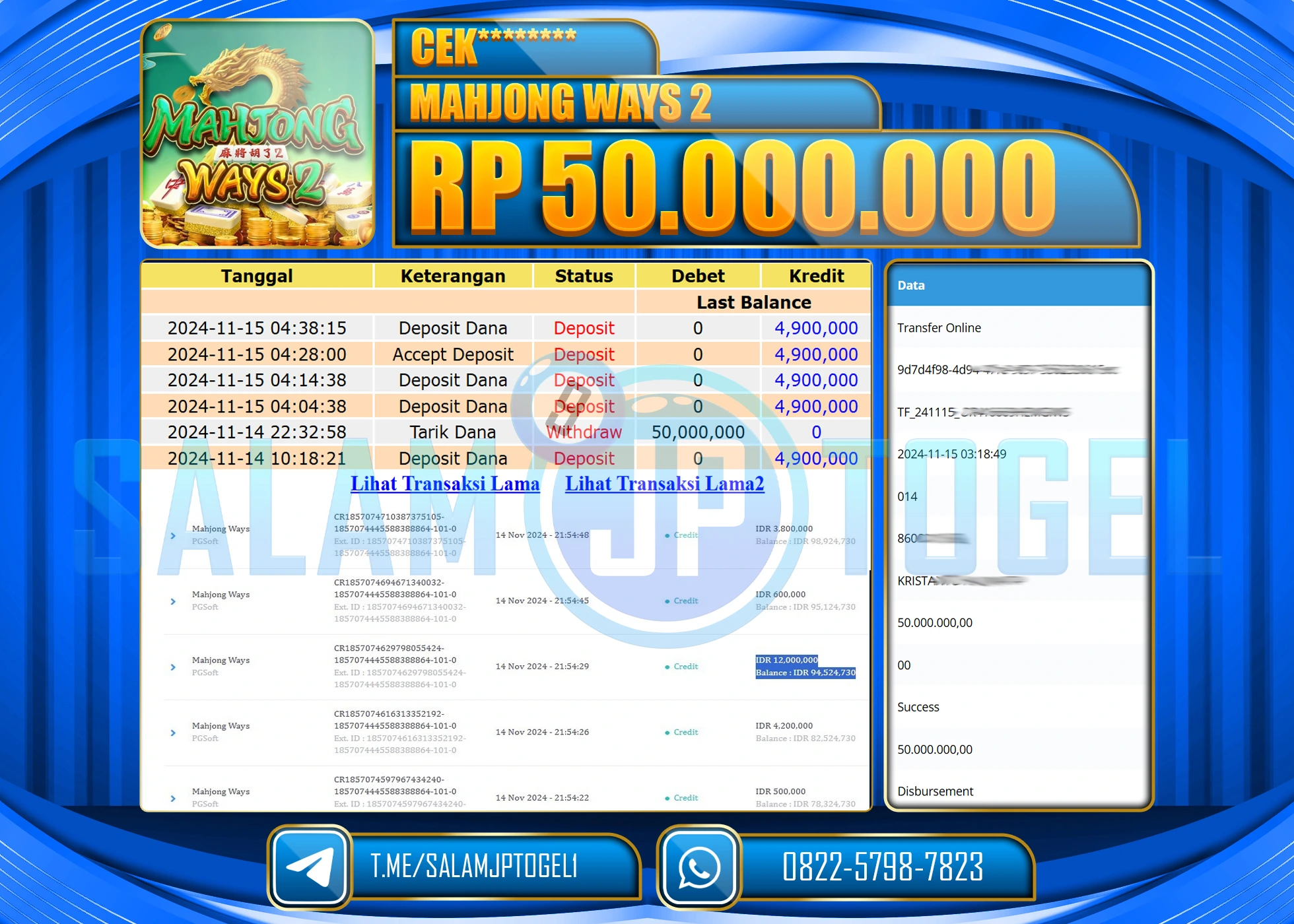 SALAMJPTOGEL MENANG PGSOFT MAHJONG WAYS RP. 50,000,000 LUNAS