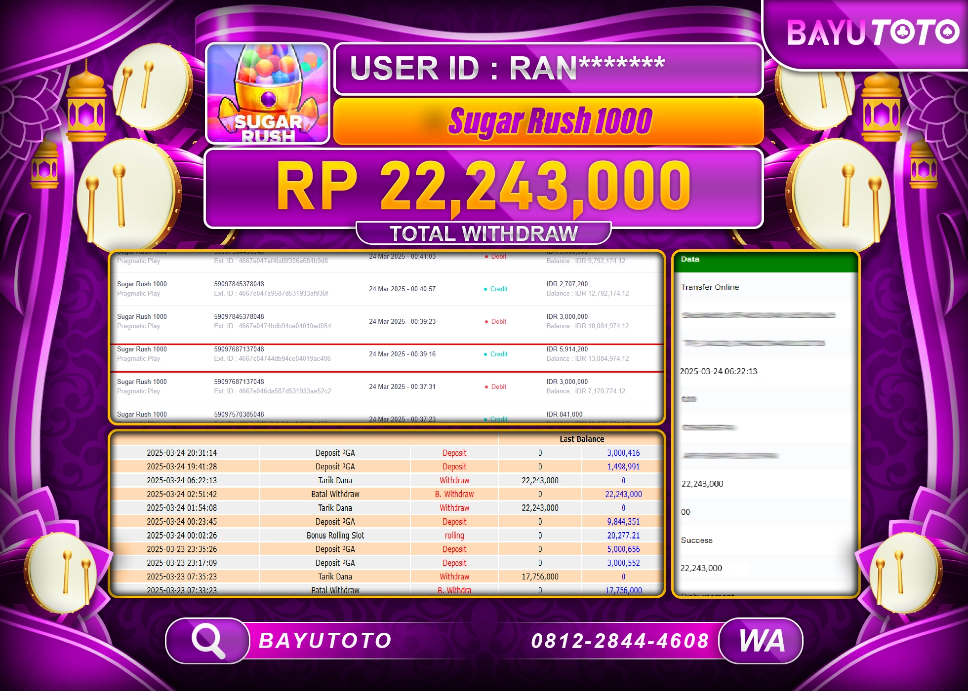BAYUTOTO JACKPOT  DI SLOT  SUGAR RUSH 1000 Rp.22.243.000 LUNAS