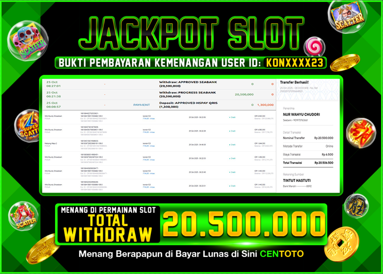 BUKTI JACKPOT SLOT CENTOTO RP.20.500.000,-LUNAS