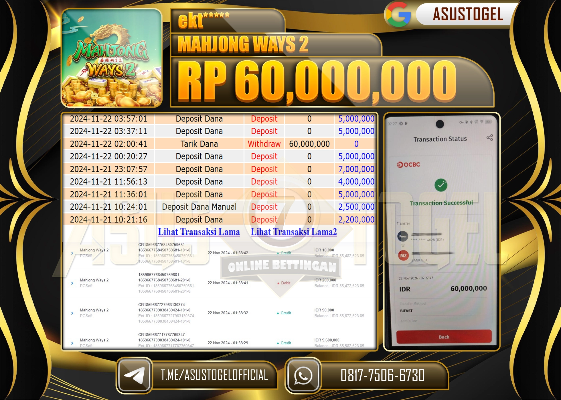 ASUSTOGEL KEMENANGAN DI PG SOFT  MAHJONG WAYS 2  SEBESAR 60,000,000-RUPIAH LUNAS
