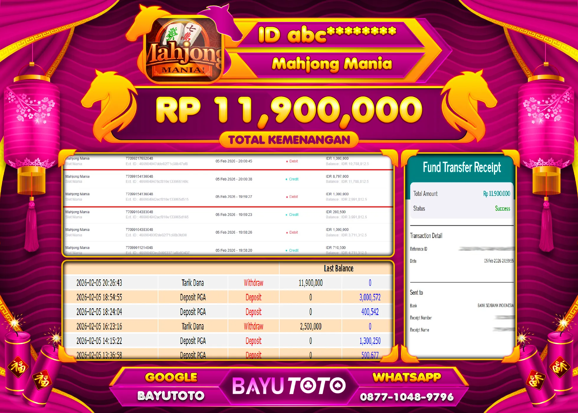 SELAMAT MEMBER SETIA BAYUTOTO JACKPOT DI SLOT MAHJONG MANIA Rp. 11,900,000 LUNAS