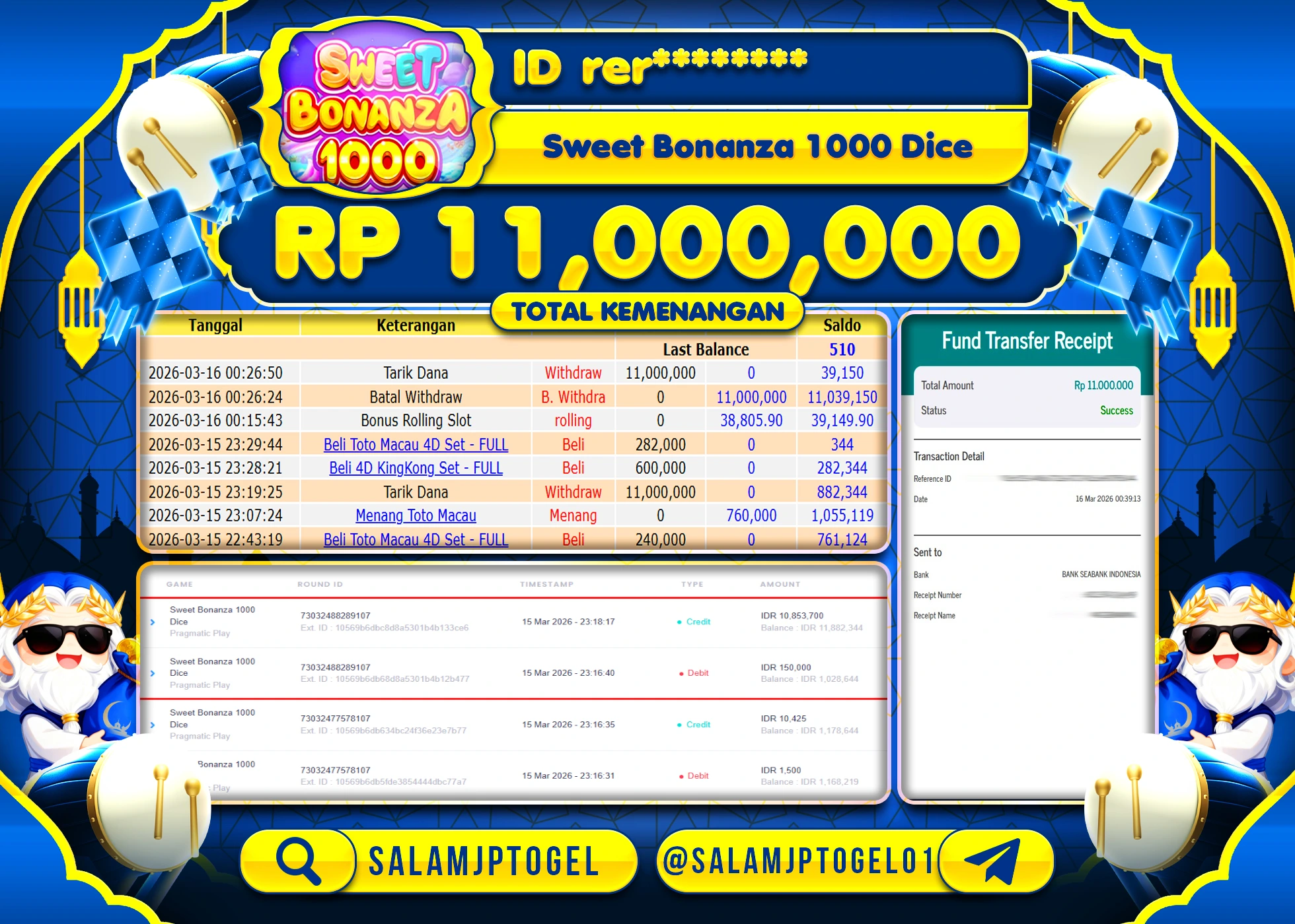 SALAMJPTOGEL JACKPOT Sweet Bonanza 1000 Dice(Pragmatic) Rp.11,000,000 - LUNAS