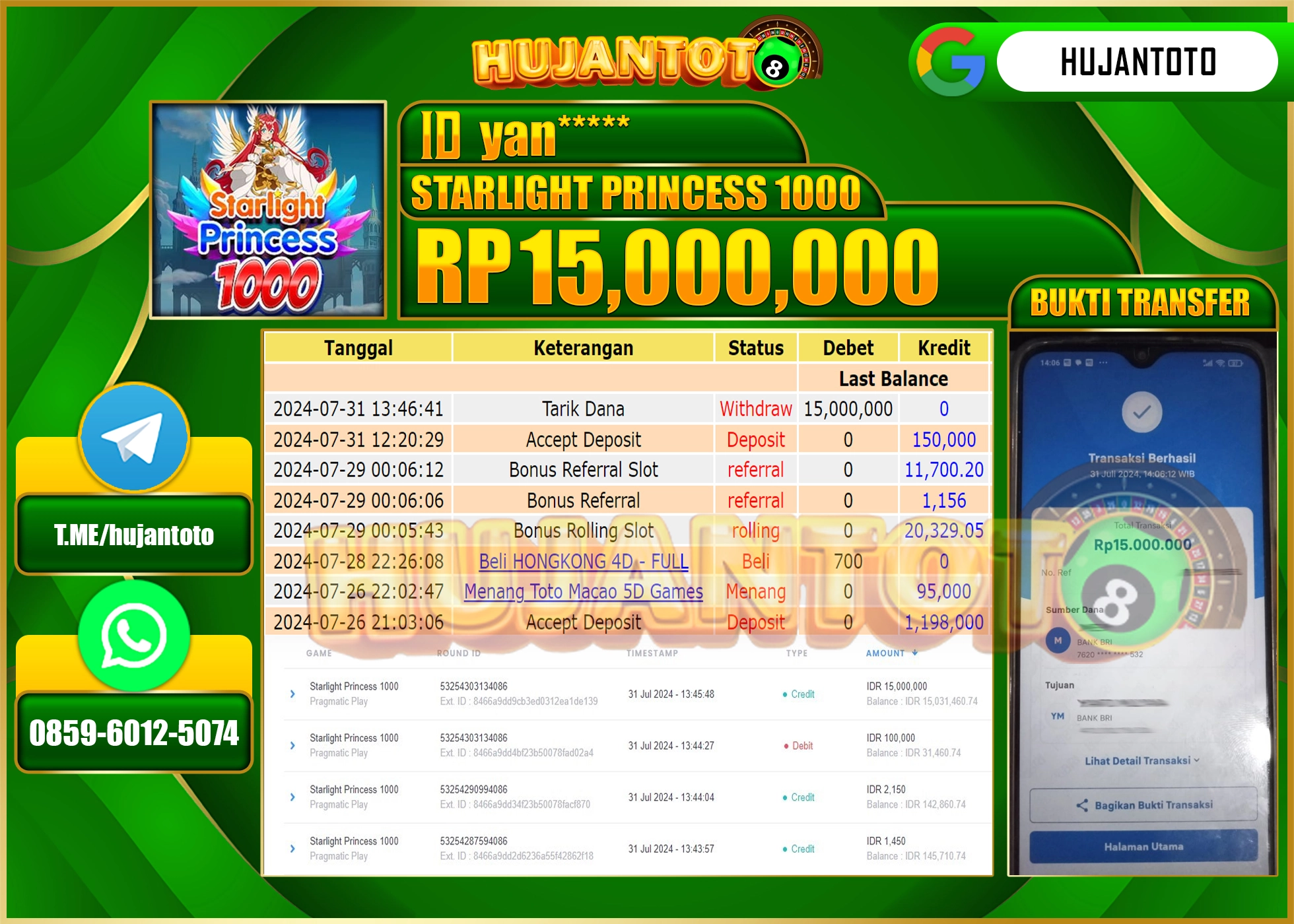 HUJANTOTO MENANG BESAR DI PERMAINAN SLOT STARLIGHT PRINCESS 1000 15.000.000 - LUNAS 