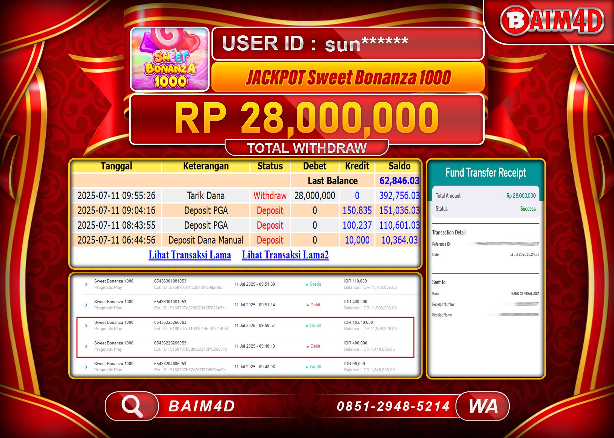 BAIM4D JACKPOT SLOT SWEET BONANZA 1000 Rp.28,000,000.- LUNAS