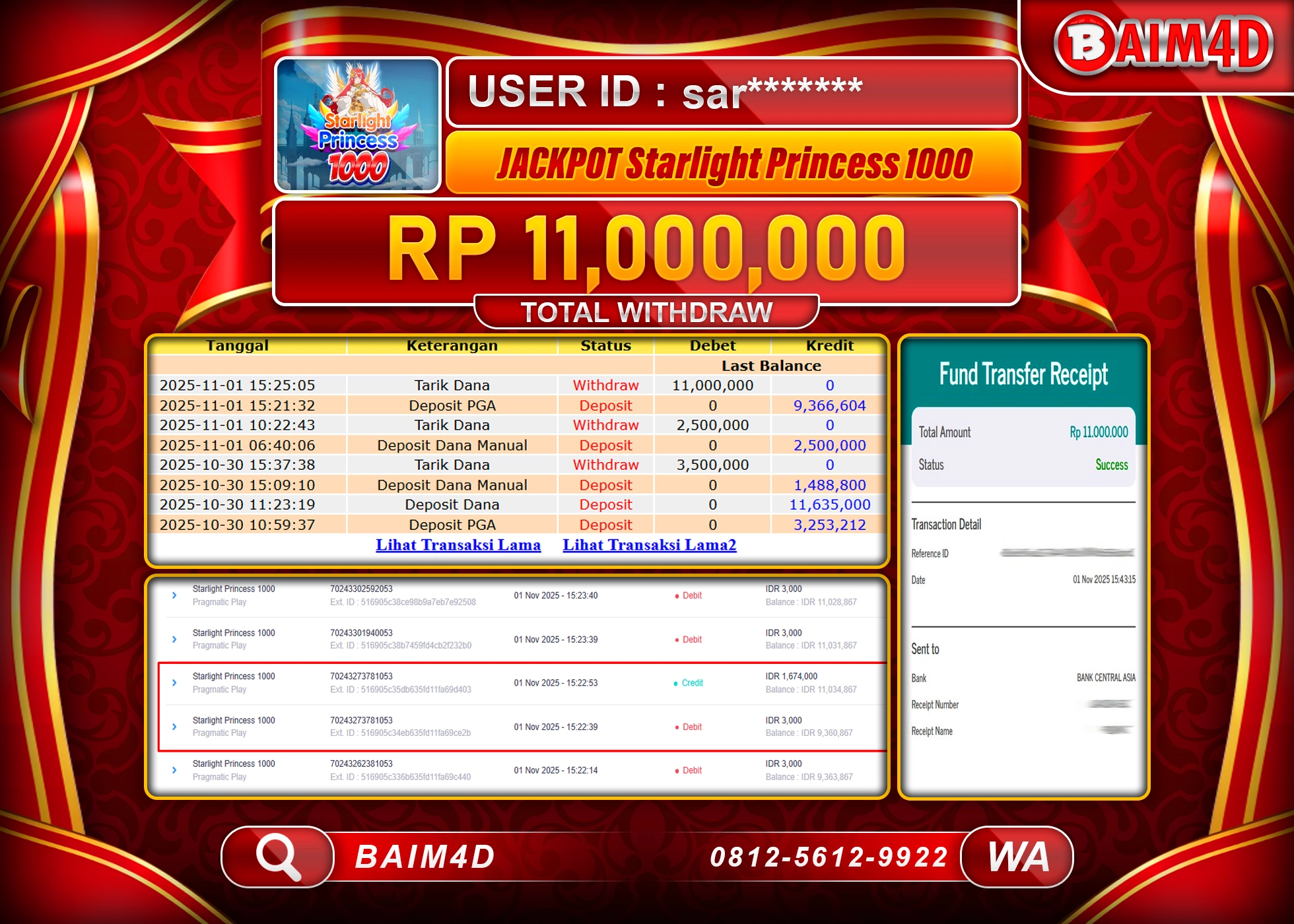 BAIM4D JACKPOT  SLOT STARLIGHT PRINCESS 1000 Rp.11,000,000 - LUNAS