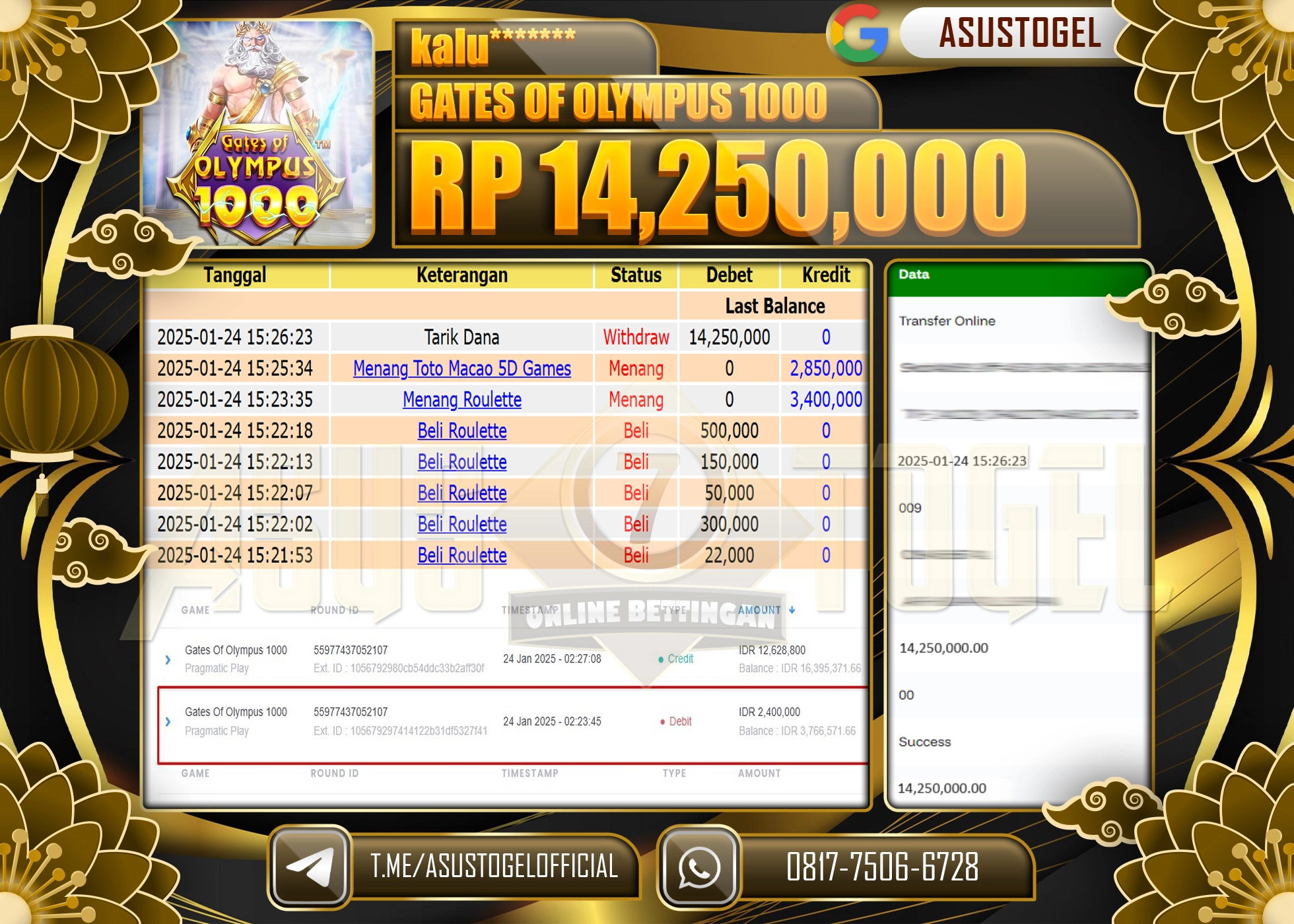 ASUSTOGEL KEMENANGAN DI GATES OF OLYMPUS 1000 SEBESAR 14.250.000 - RUPIAH LUNAS