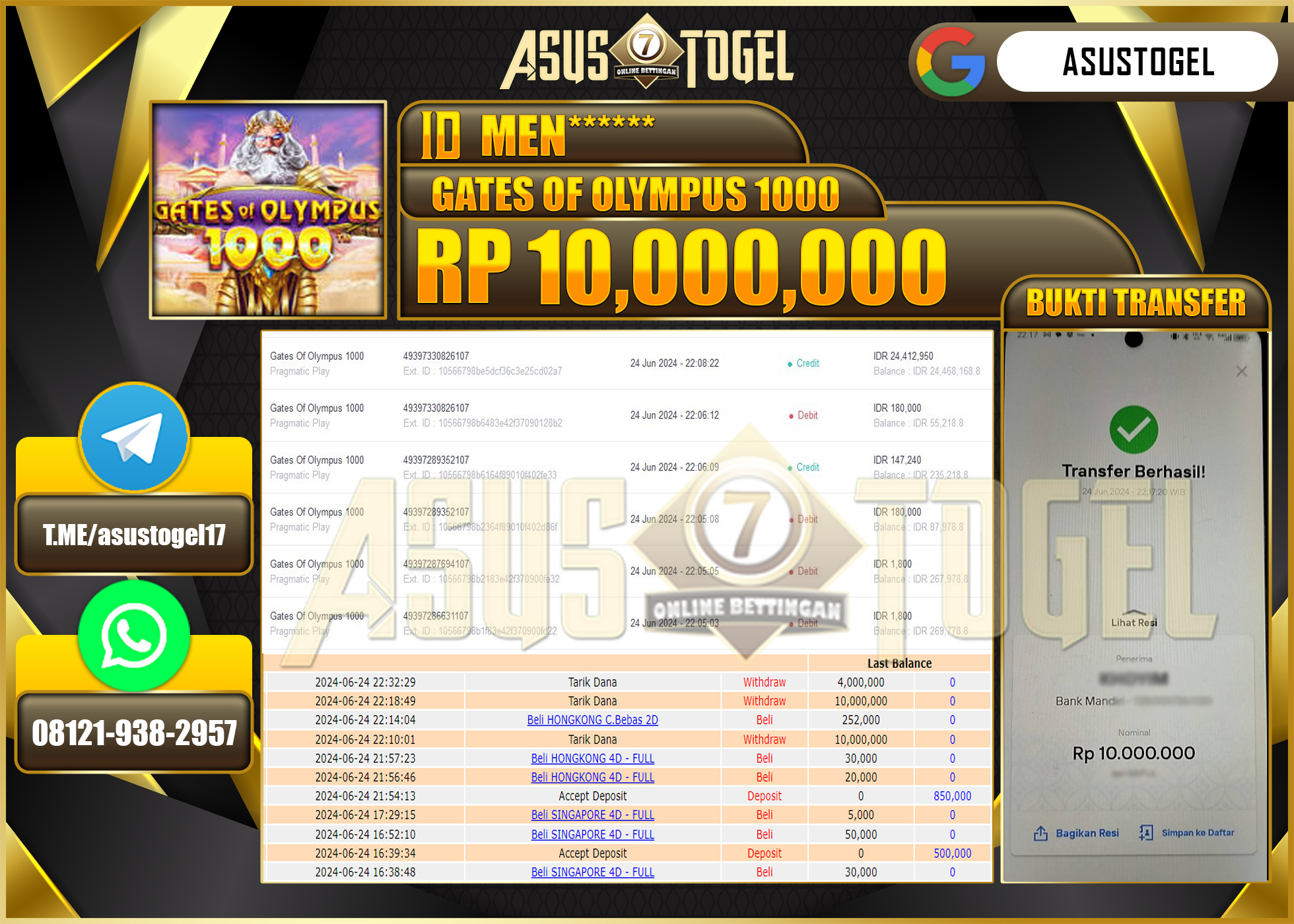ASUSTOGEL KEMENANGAN GATES OF OLYMPUS 1000 SEBESAR 10,000,000-LUNAS