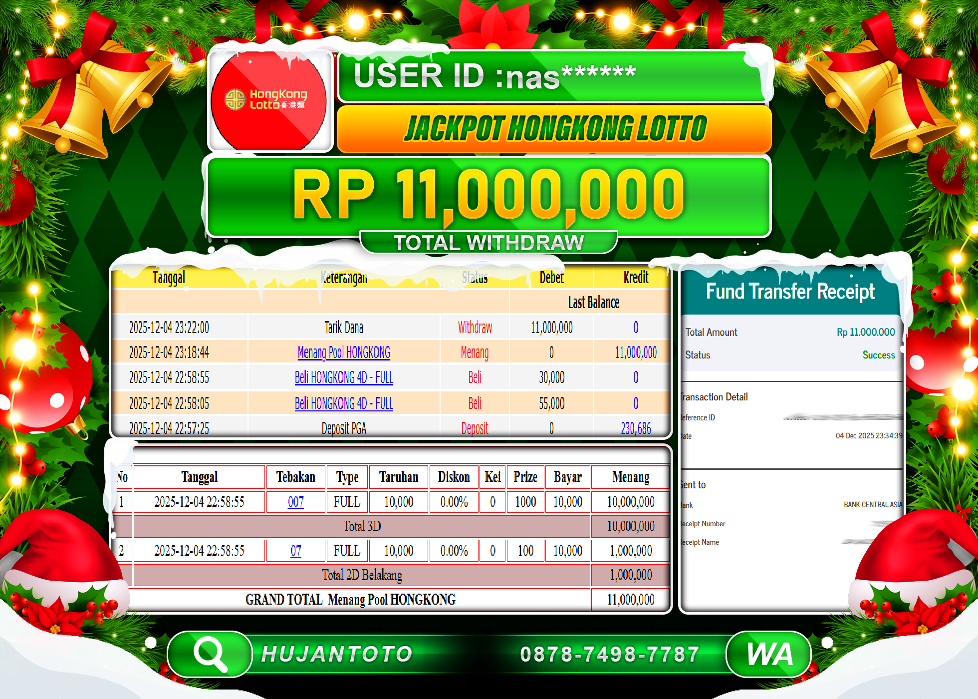 HUJANTOTO - BUKTI JACKPOT MENANG TOGEL HONGKONG LOTTO Rp.11,000,000 - TERBAYAR LUNAS