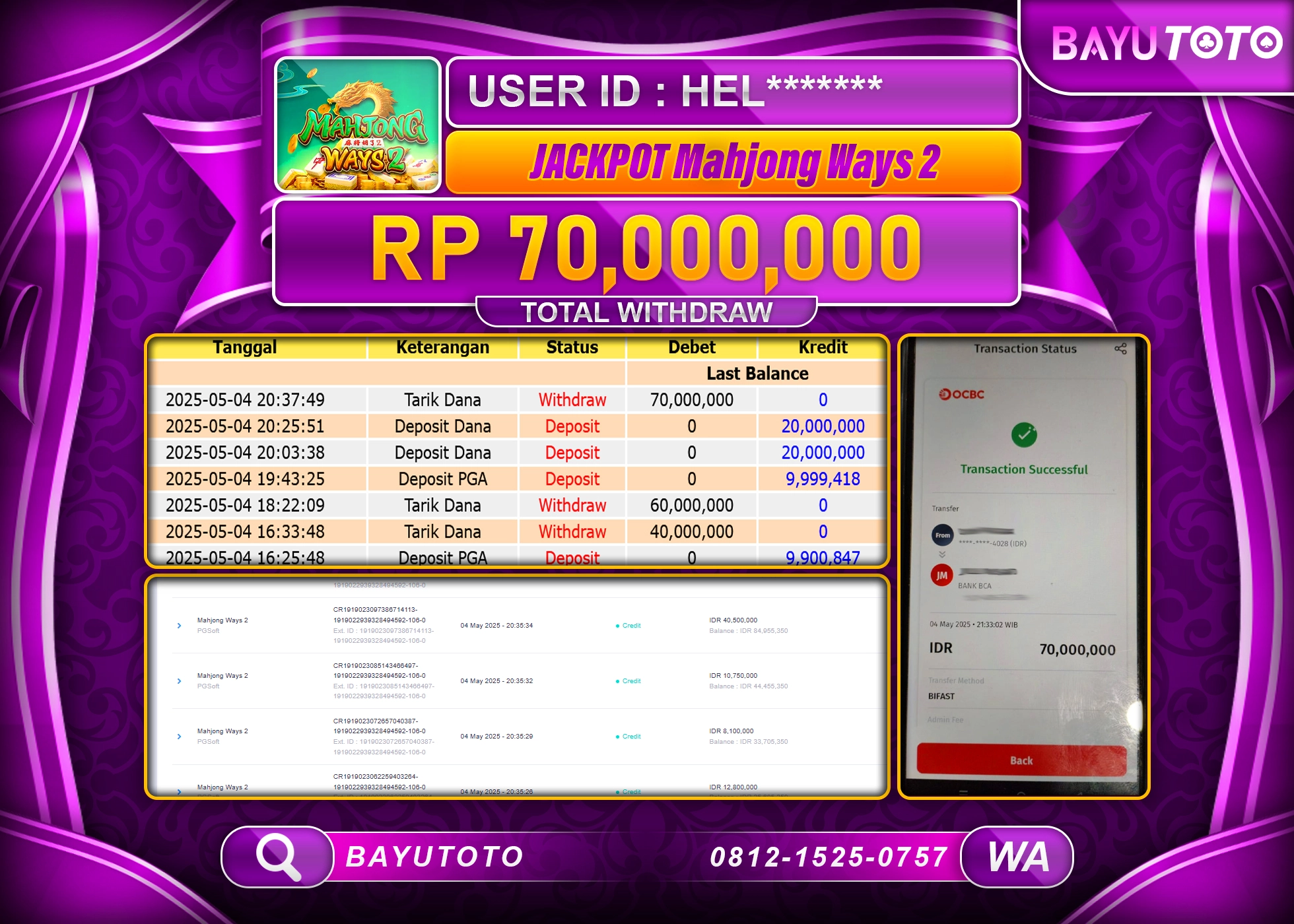 BAYUTOTO JACKPOT  Mahjong ways 2 PG Soft  Rp.70,000,000 LUNAS