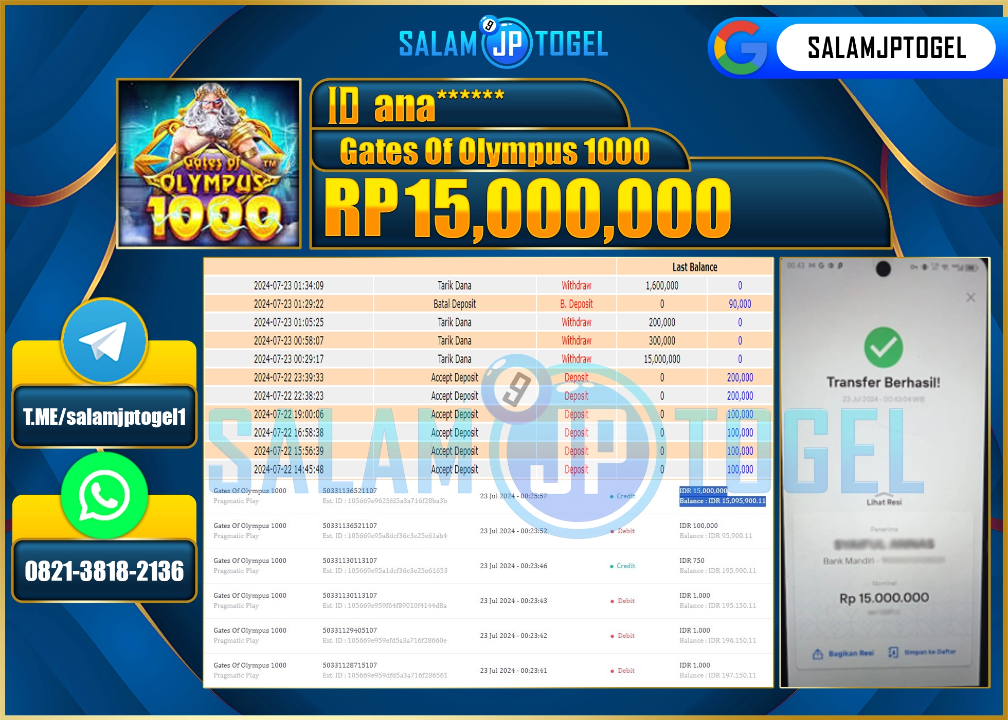 SALAMJPTOGEL MENANG Gates Of Olympus 1000 RP. 15,000,000.,LUNAS