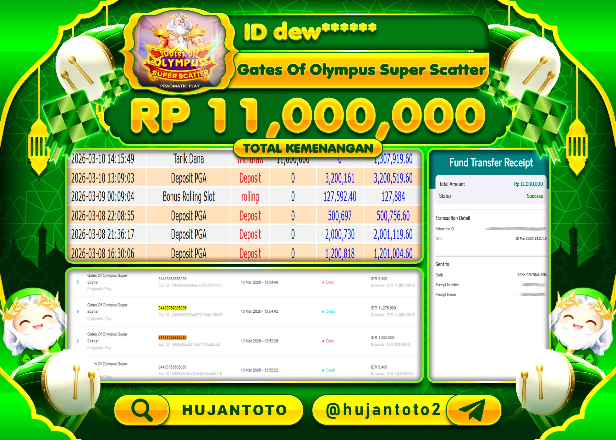 HUJANTOTO - BUKTI JACKPOT MENANG SLOT GATES  OF OLYMPUS SUPER SCATER Rp.11,000,000 - TERBAYAR LUNAS