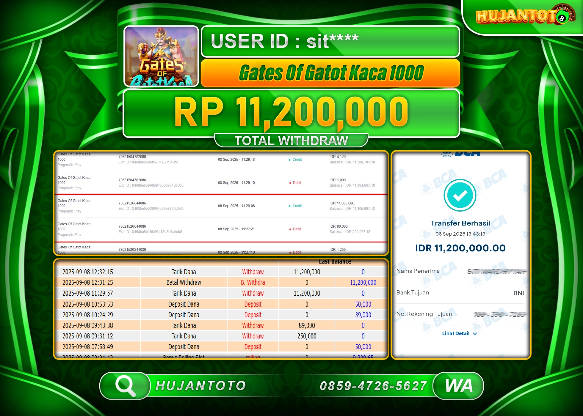 HUJANTOTO - BUKTI JACKPOT MENANG SLOT GATES OF GATOT KACA 1000 Rp.11,200,000 - TERBAYAR LUNAS