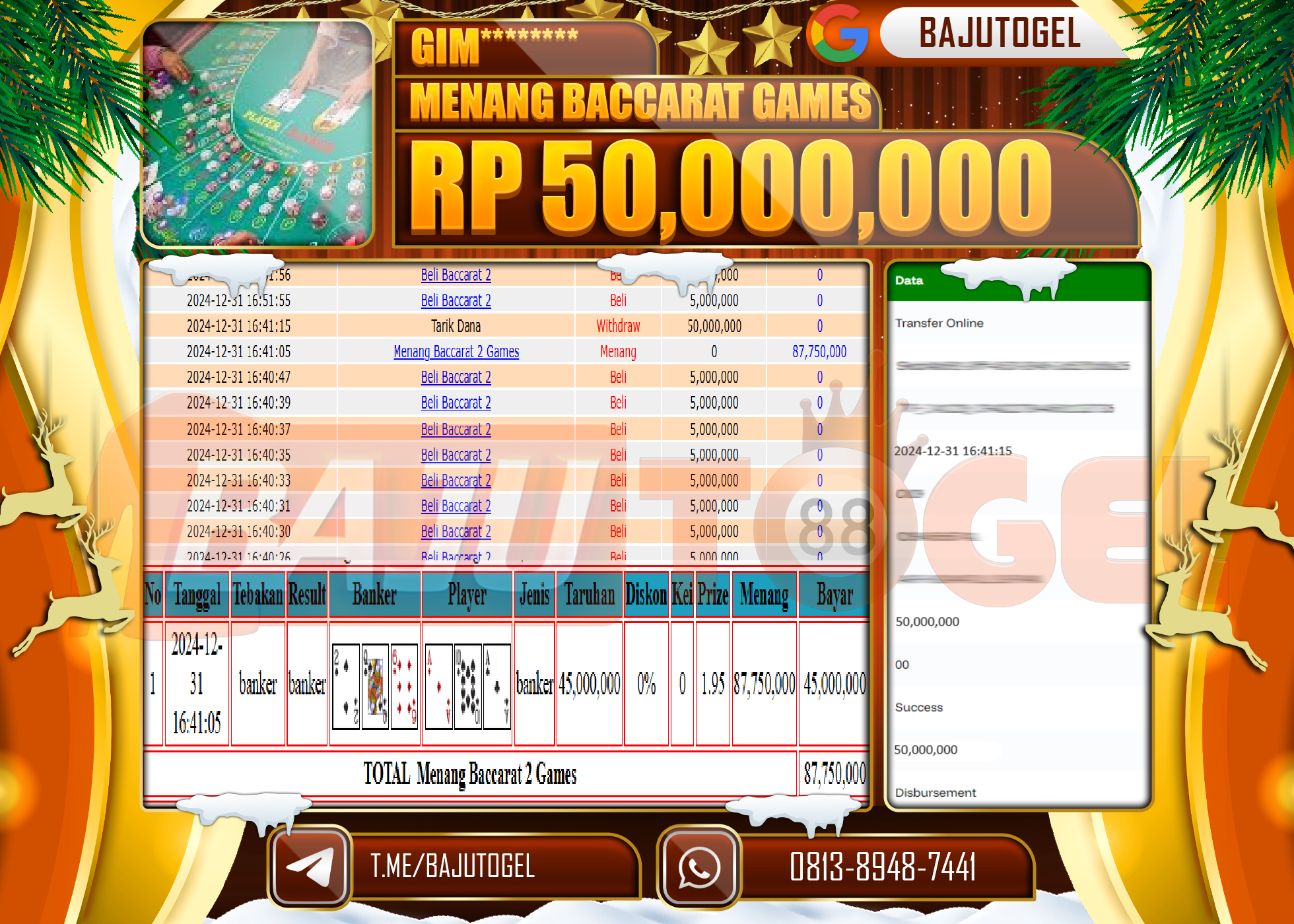 BAJUTOGEL JACKPOT BACCARAT GAMES Rp.50.000.000 LUNAS