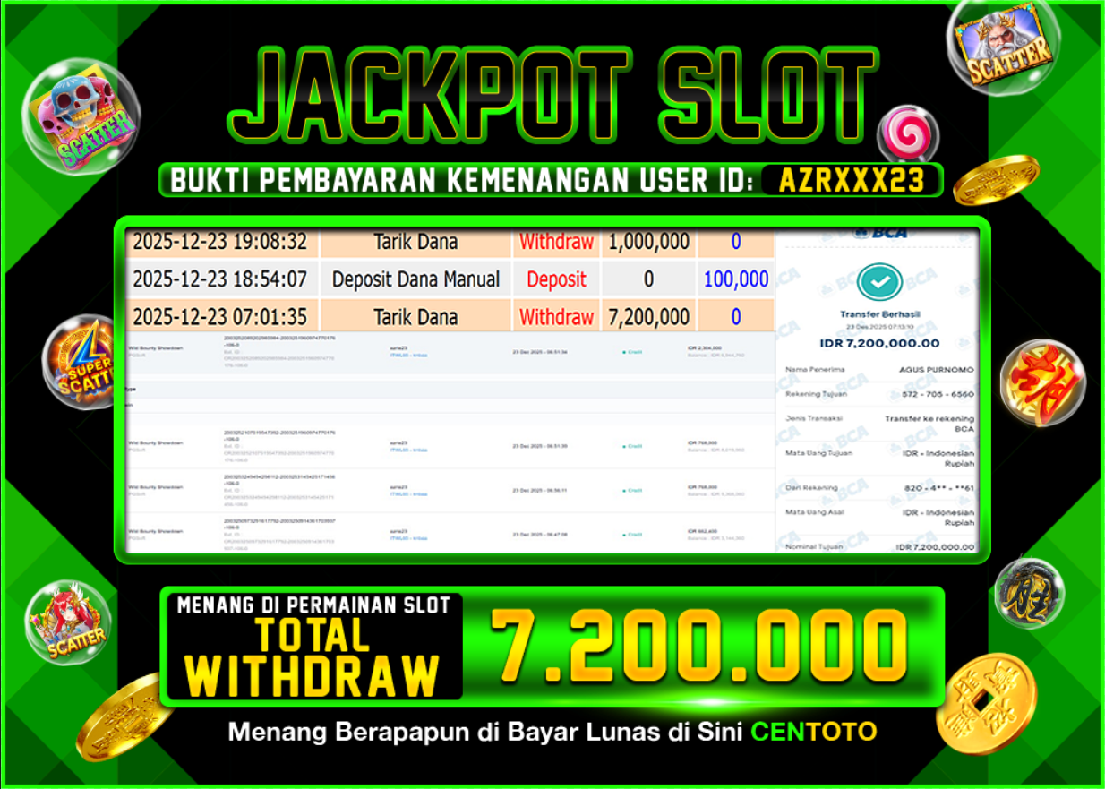 BUKTI JACKPOT SLOT CENTOTO  RP.7.200.000,-LUNAS