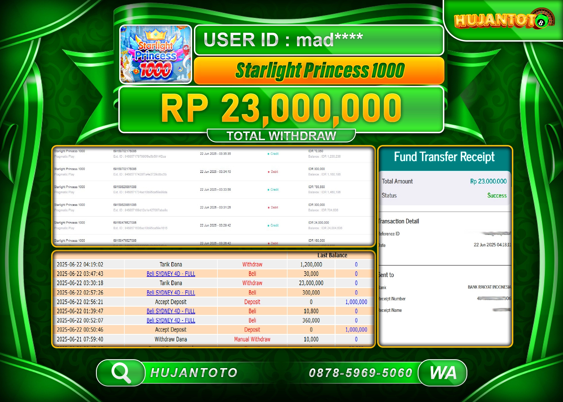 HUJANTOTO - BUKTI JACKPOT MENANG SLOT STARLIGHT PRINCESS 1000 Rp.23,000,000- TERBAYAR LUNAS