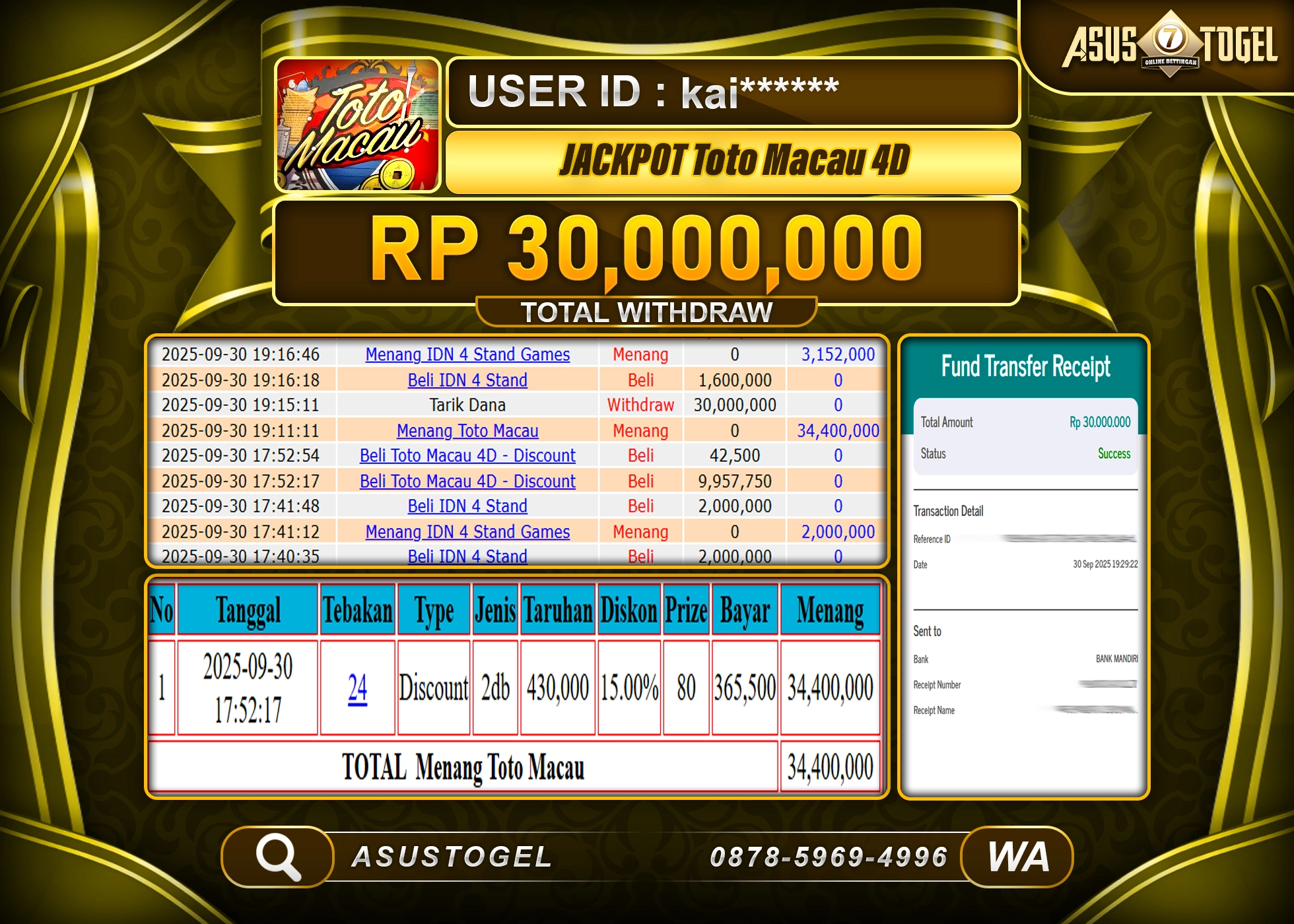 ASUSTOGEL KEMENANGAN DI TOGEL TOTO MACAU 4D SEBESAR 30,000,000- RUPIAH LUNAS