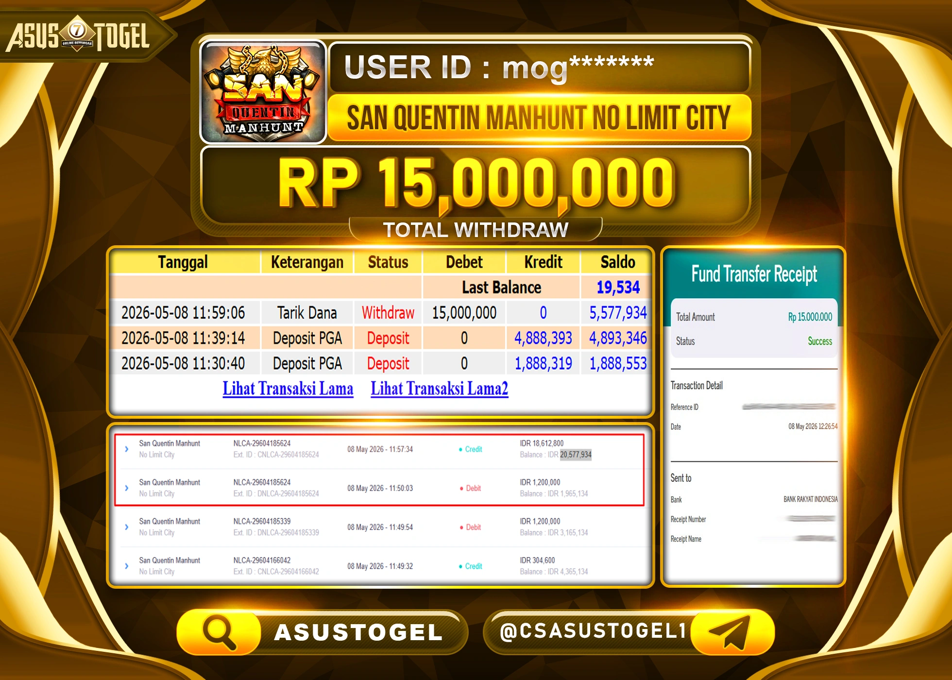 ASUSTOGEL KEMENANGAN JACKPOT DI PERMAINAN SAN QUENTIN MANHUNT SEBESAR Rp.15,000,000 - RUPIAH LUNAS