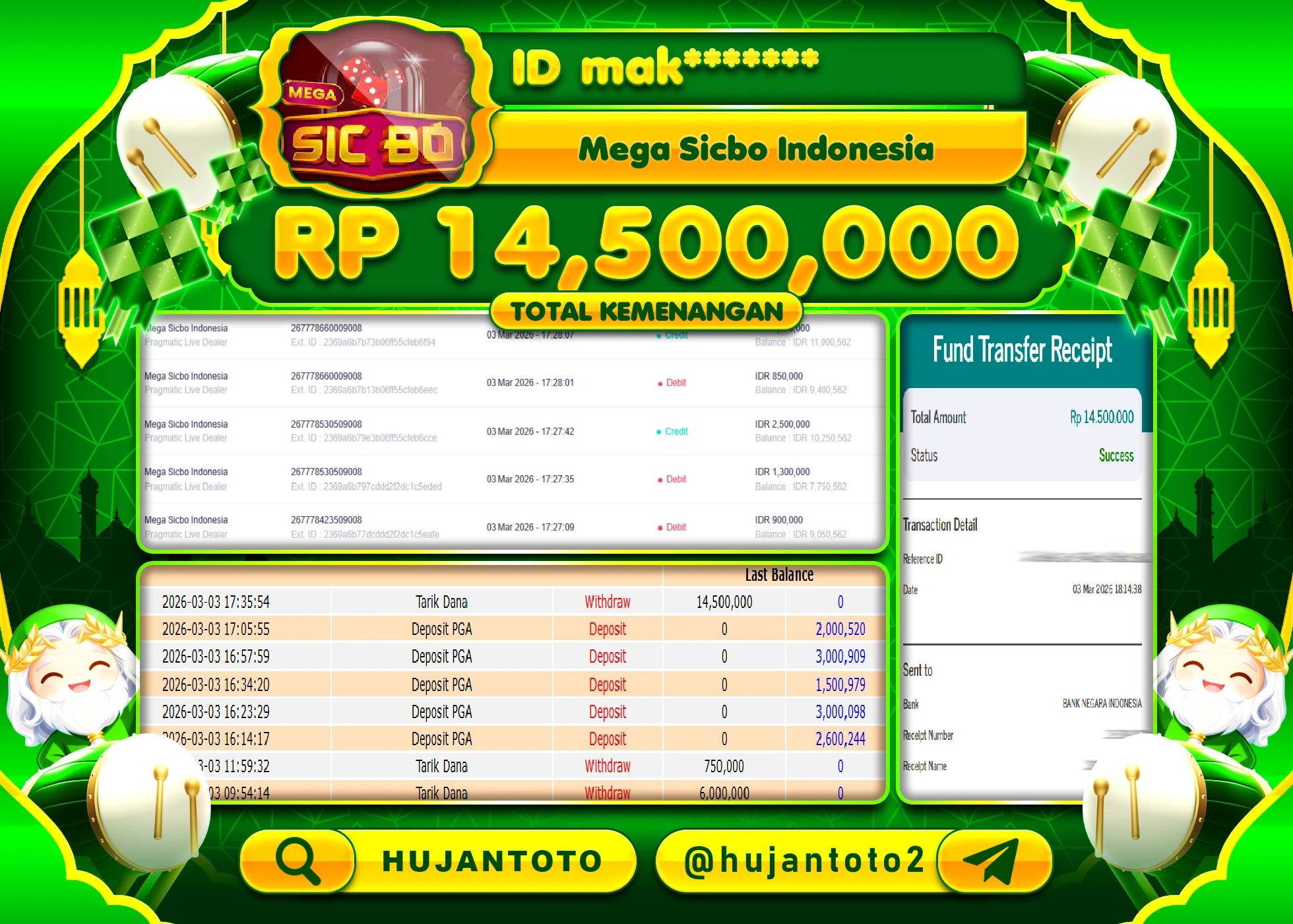 HUJANTOTO - BUKTI JACKPOT MENANG LIVEGAMES MEGA SICBO INDONESIA Rp.14,500,000 - TERBAYAR LUNAS