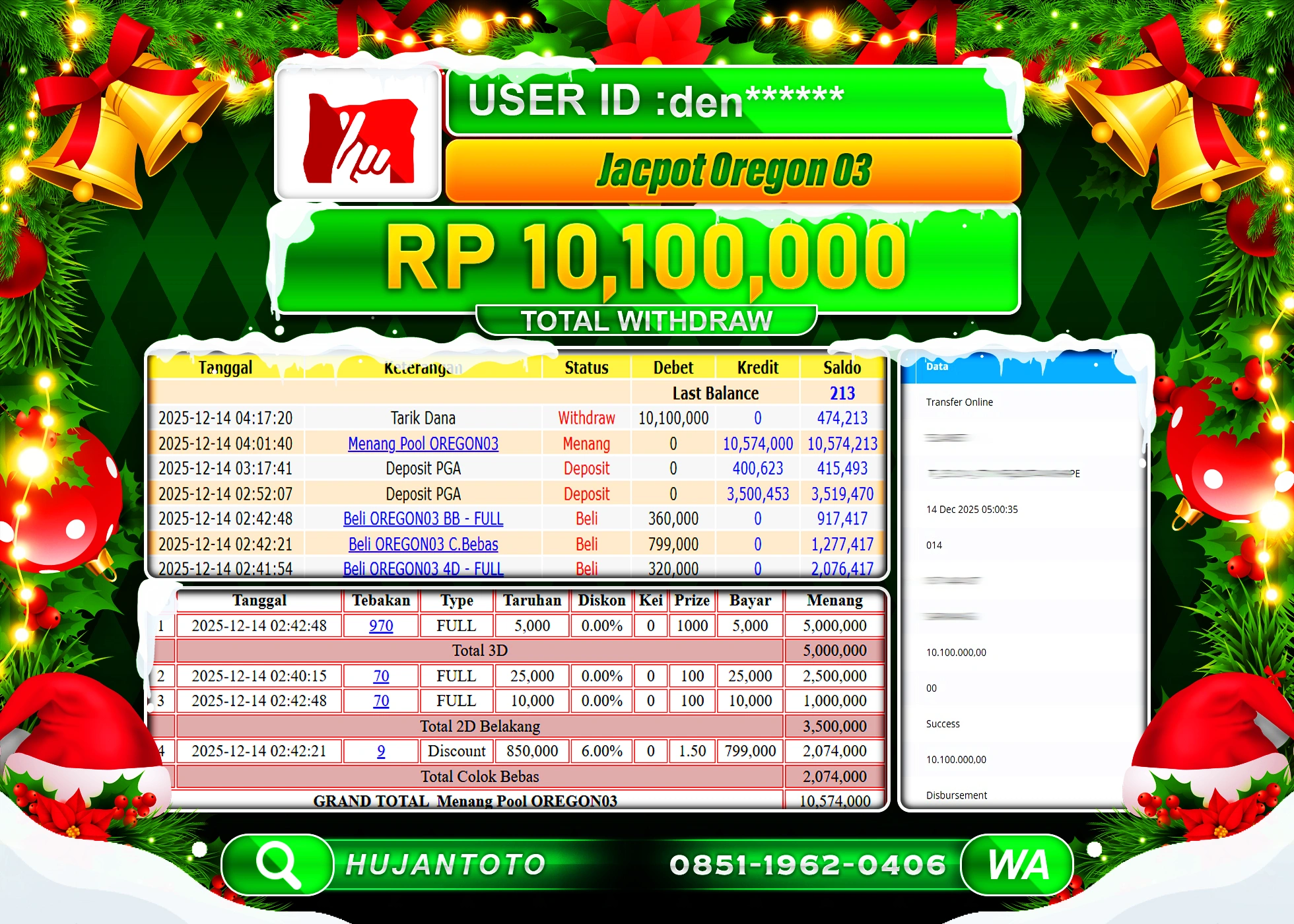 HUJANTOTO - BUKTI JACKPOT MENANG PASARAN TOGEL OREGON 03 Rp.10,100,000 - TERBAYAR LUNAS