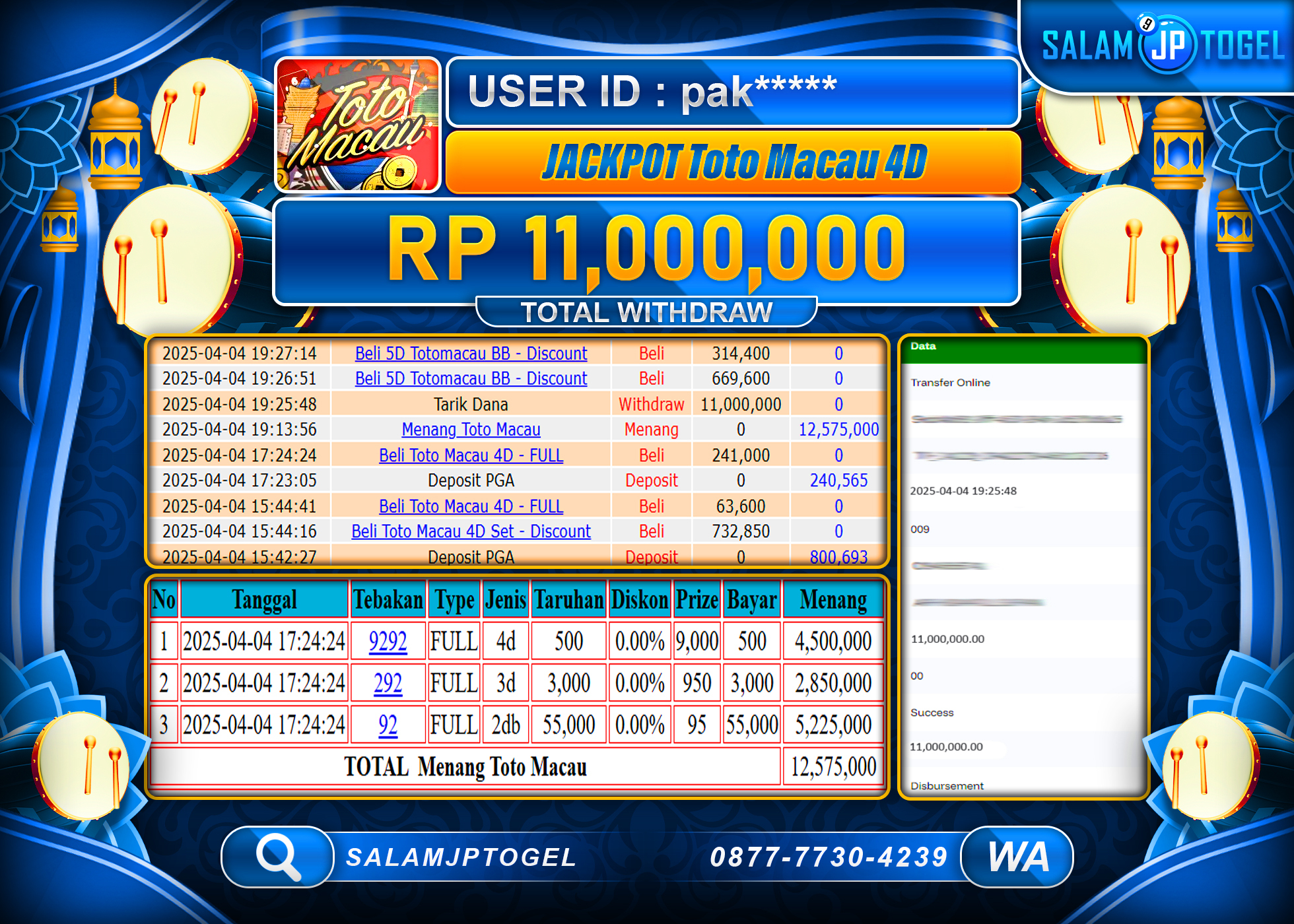 SALAMJPTOGEL MENANG TOTO MACAU 4D Rp. 11,000,000 LUNAS