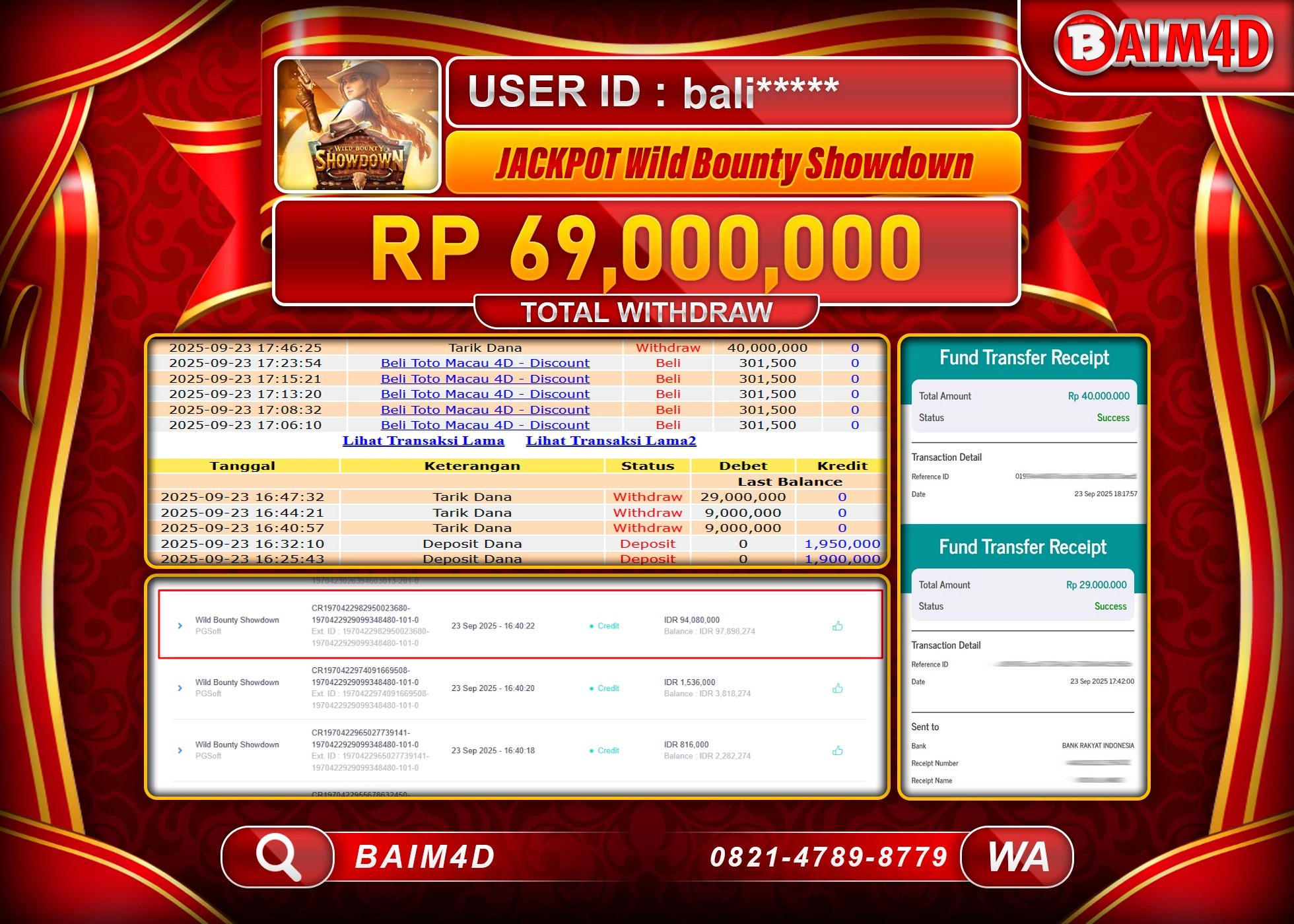 BAIM4D JACKPOT SLOT WILD BOUNTY SHOWDOWN Rp.69,000,000.- LUNAS