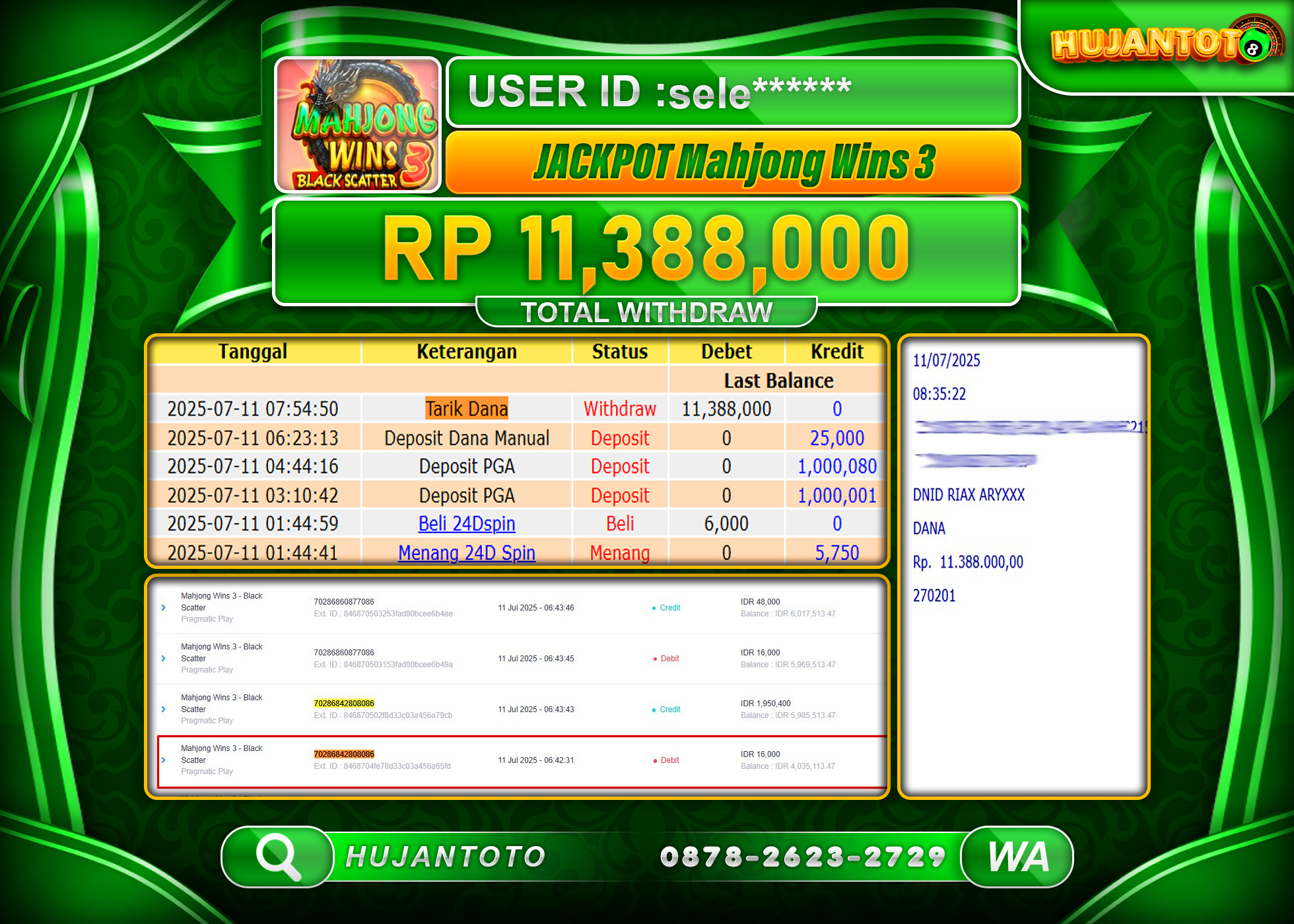 HUJANTOTO - BUKTI JACKPOT MENANG SLOT MAHJONG WINS 3 Rp.11,388,000 - TERBAYAR LUNAS