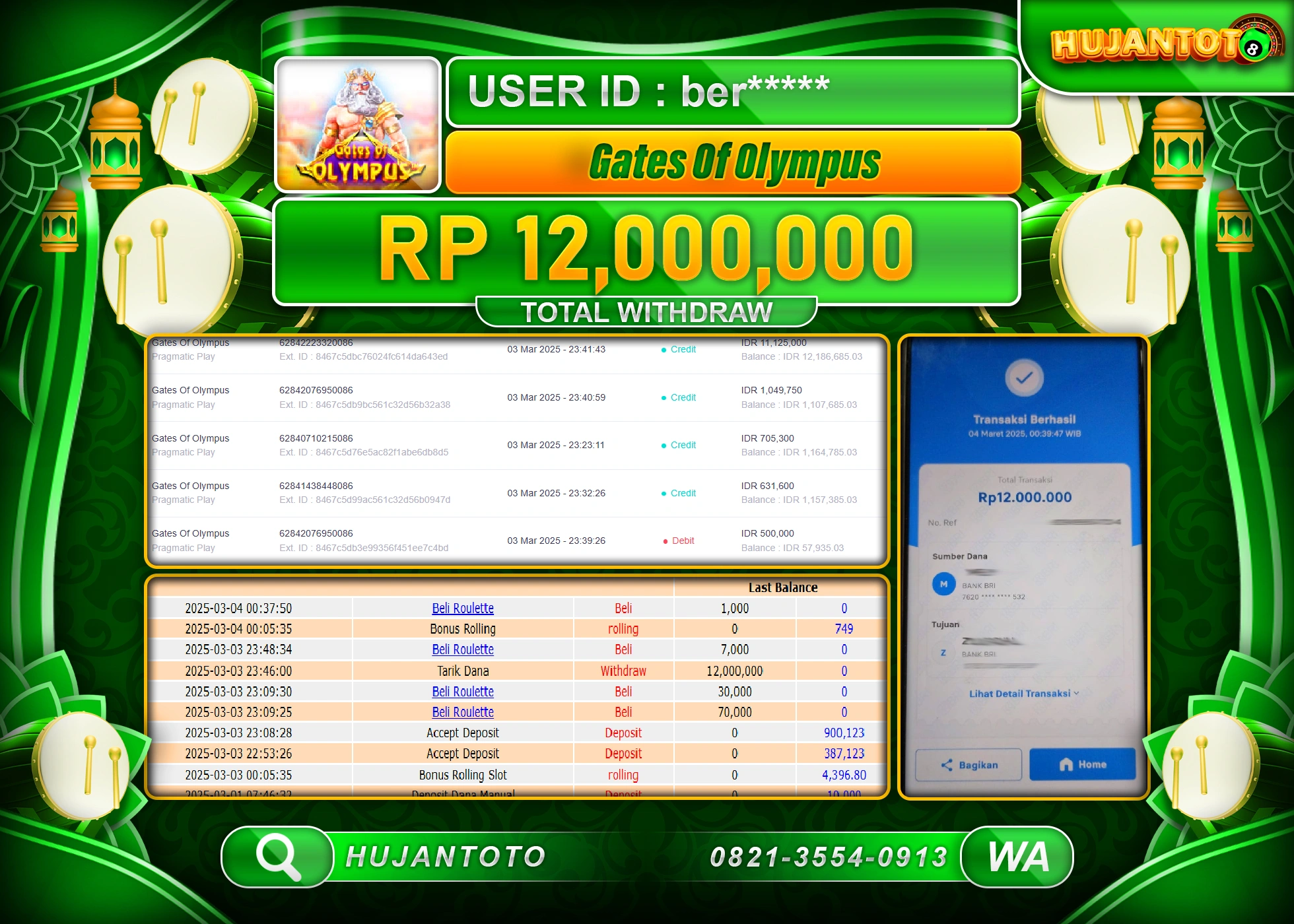 HUJANTOTO - BUKTI JACKPOT MENANG SLOT PRAGMATIC GATES OF OLYMPUS Rp,12,000,000 - TERBAYAR LUNAS