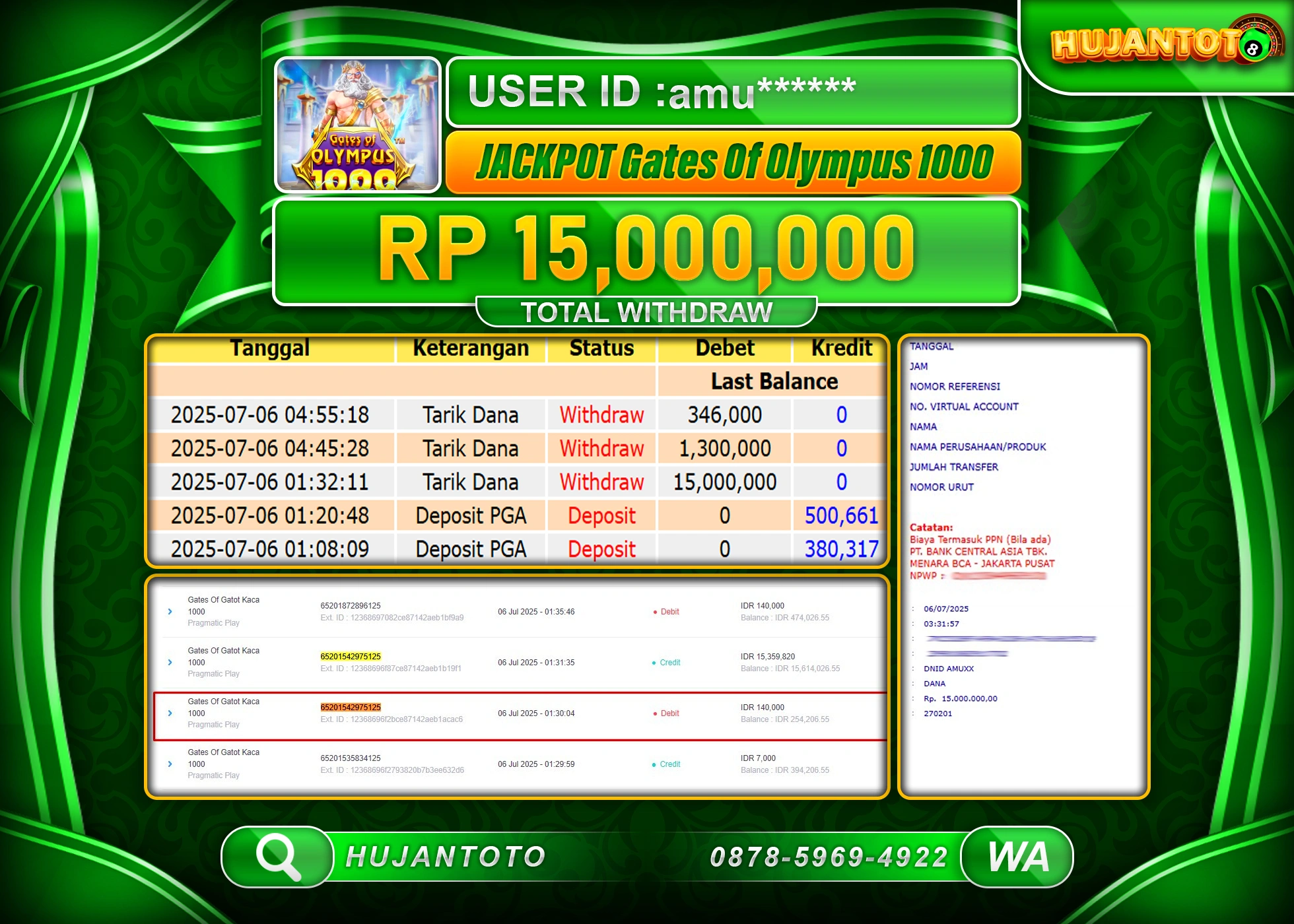 HUJANTOTO - BUKTI JACKPOT MENANG SLOT GATES OF OLYMPUS 1000 Rp.15,000,000 - TERBAYAR LUNAS