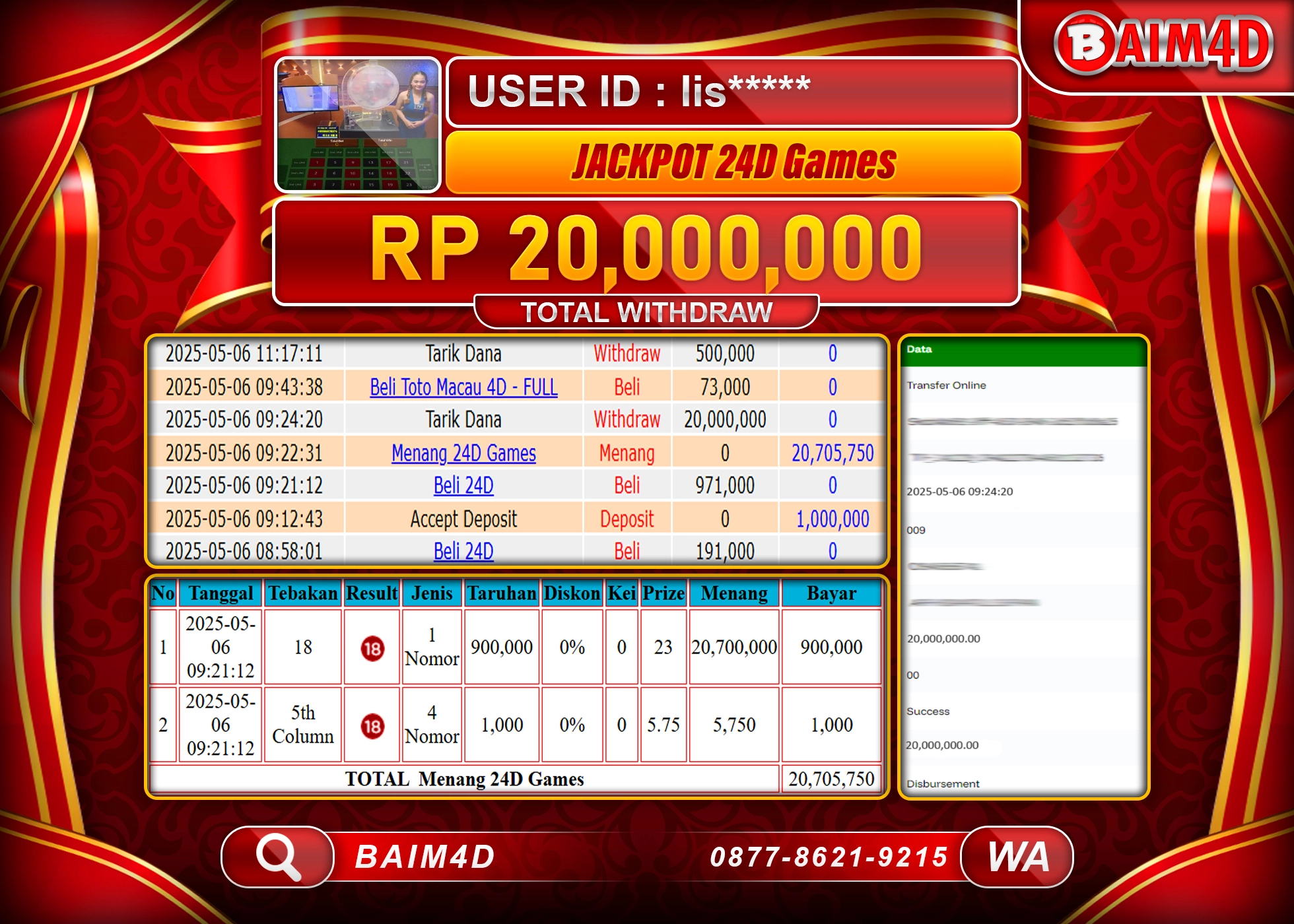 BAIM4D  MENANG 24 D GAME   3 Rp 20.000,000.- LUNAS