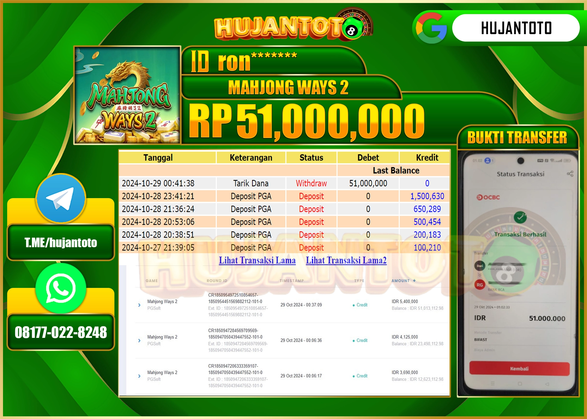 HUJANTOTO MENANG DI PERMAINAN SLOT MAHJONG WAYS 2- 51,000,000 - LUNAS