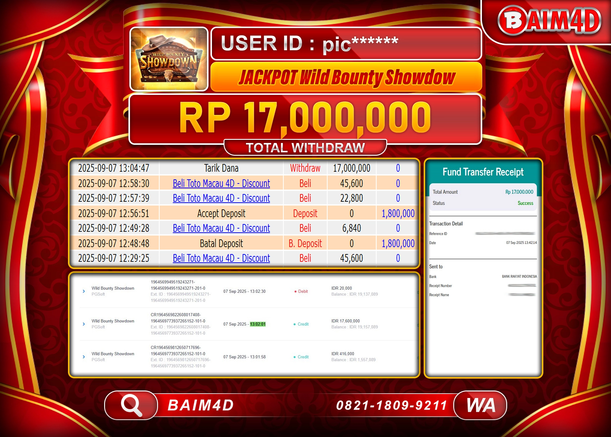 BAIM4D JACKPOT SLOT WILD BOUNTY SHOWDOWN Rp.17,000,000.- LUNAS