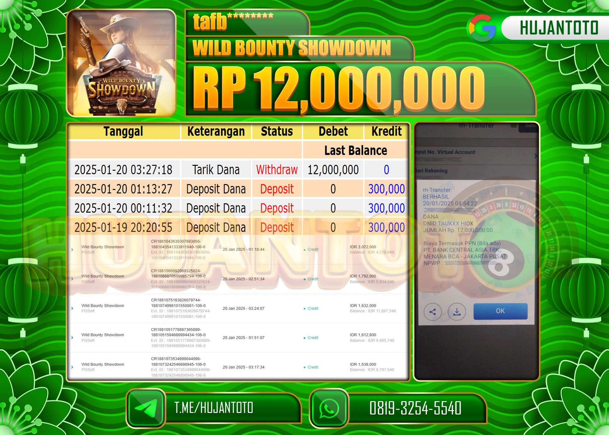 HUJANTOTO - BUKTI JACKPOT DI PERMAINAN  WILD BOUNTY SHOWDOWN Rp,12,000,000- TERBAYAR LUNAS