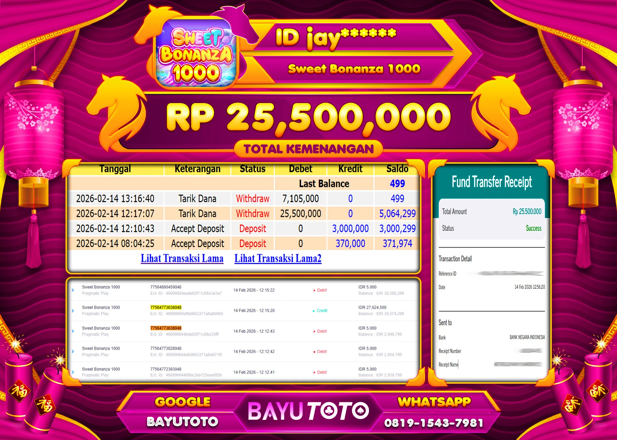 SELAMAT MEMBER SETIA BAYUTOTO JACKPOT DI SLOT SWEET BONANZA 1000 Rp. 25,500,000 LUNAS