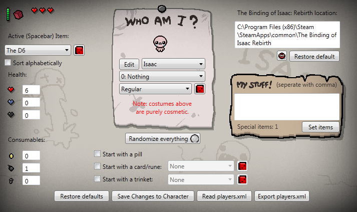 use the private character editor in the binding of isaac rebirth