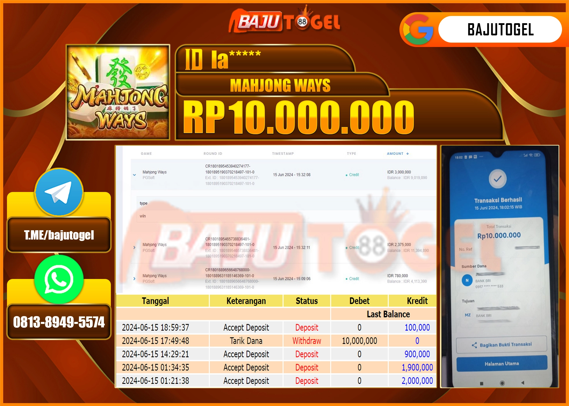 BAJUTOGEL JACKPOT SLOT MAHJONG WAYS Rp.10.000.000 LUNAS