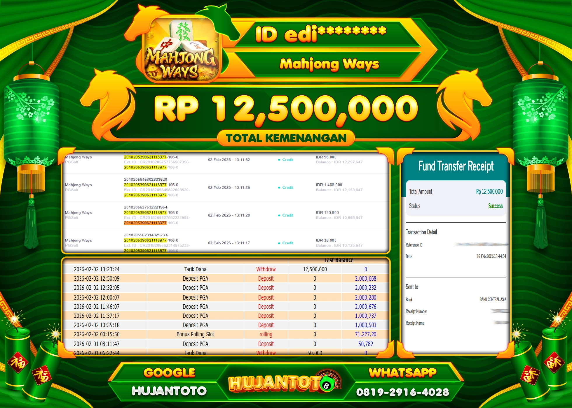 HUJANTOTO - BUKTI JACKPOT MENANG SLOT MAHJONG WAYS Rp.12,500,000 - TERBAYAR LUNAS