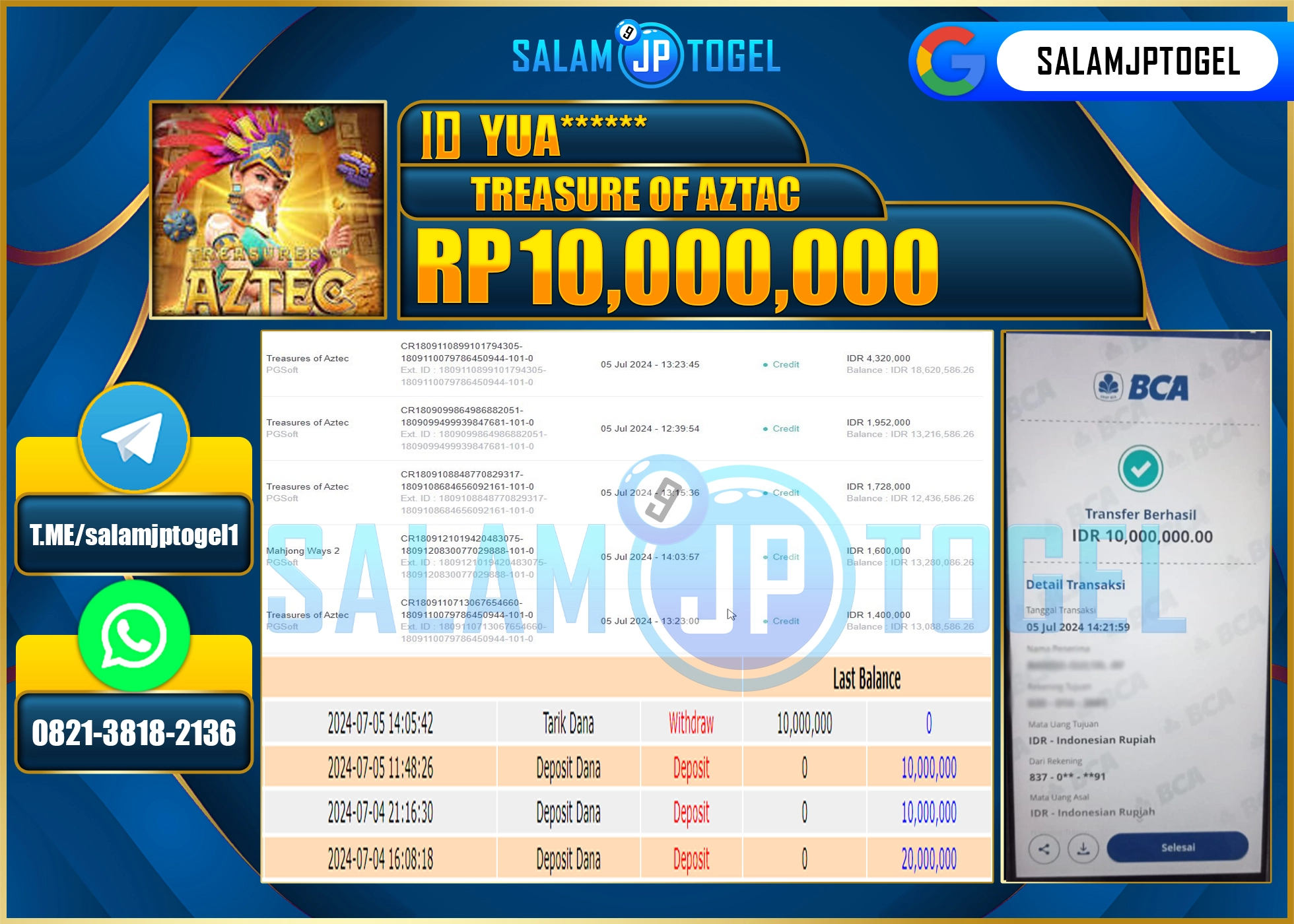 SALAMJPTOGEL MENANG Treasures of Aztec RP. 10,000,000.,LUNAS