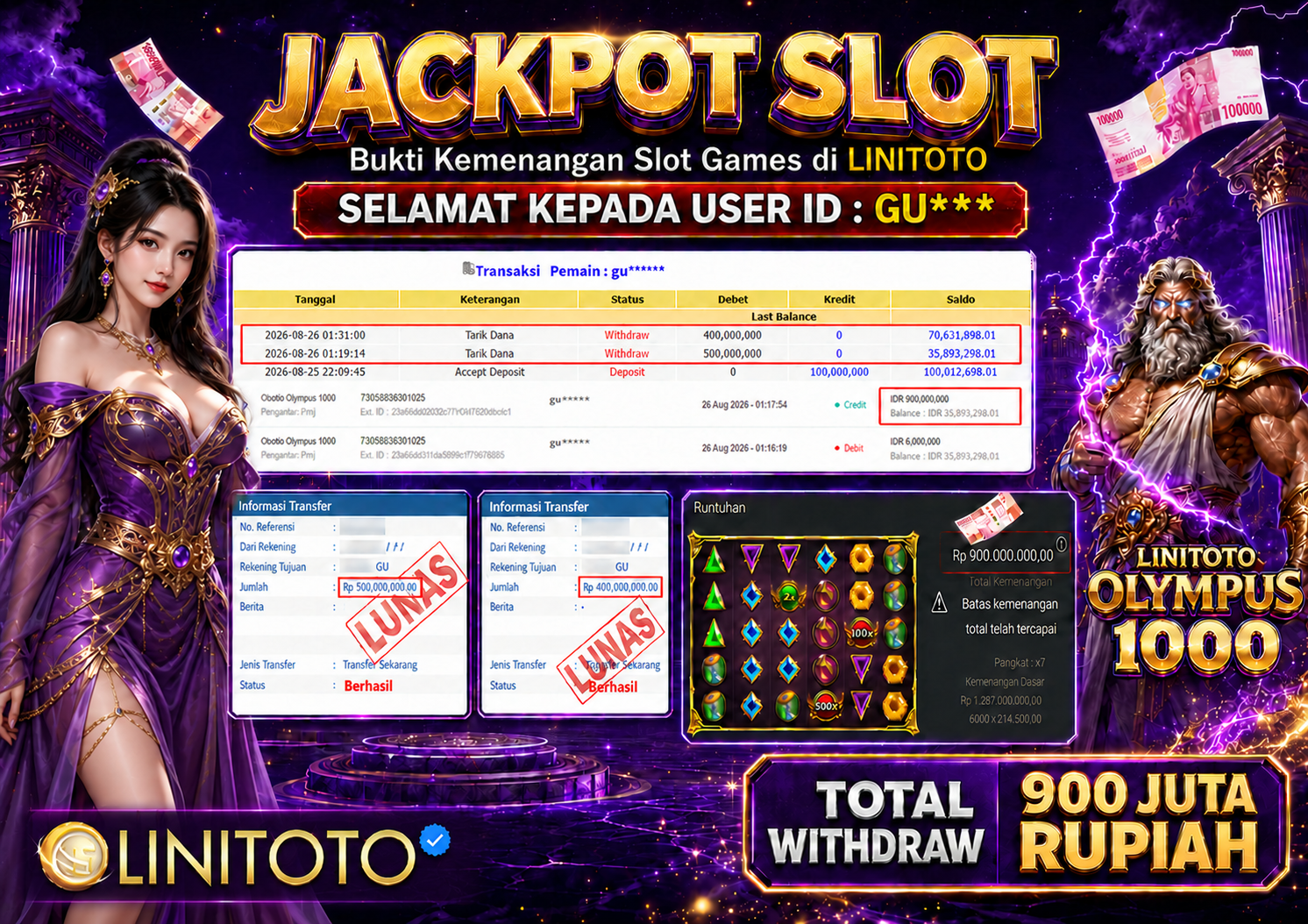 LINITOTO JACKPOT SLOT OLYMPUS 1000 Rp.900,000,000 - LUNAS