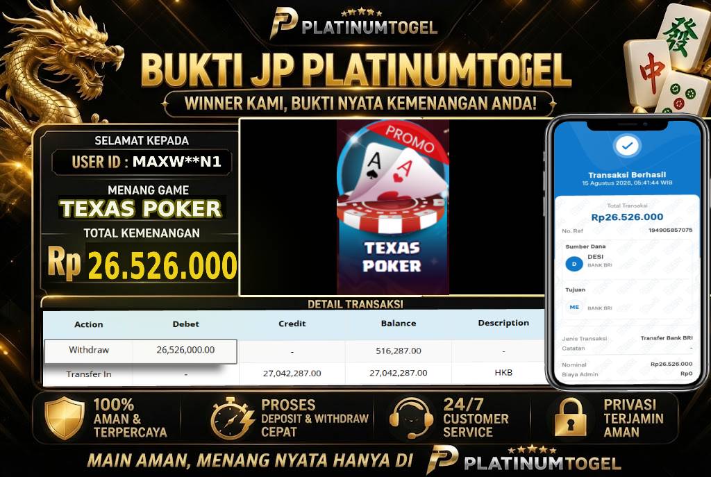 🏆 Bukti Jackpot TEXAS POKER   Dengan Kemanangan Rp 26.526.000-. Hanya di PLATINUMTOGEL🏆