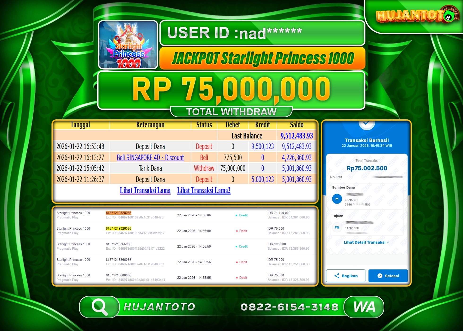 HUJANTOTO - BUKTI JACKPOT MENANG SLOT STARLIGHT PRINCESS 1000 Rp.75,000,000 - TERBAYAR LUNAS
