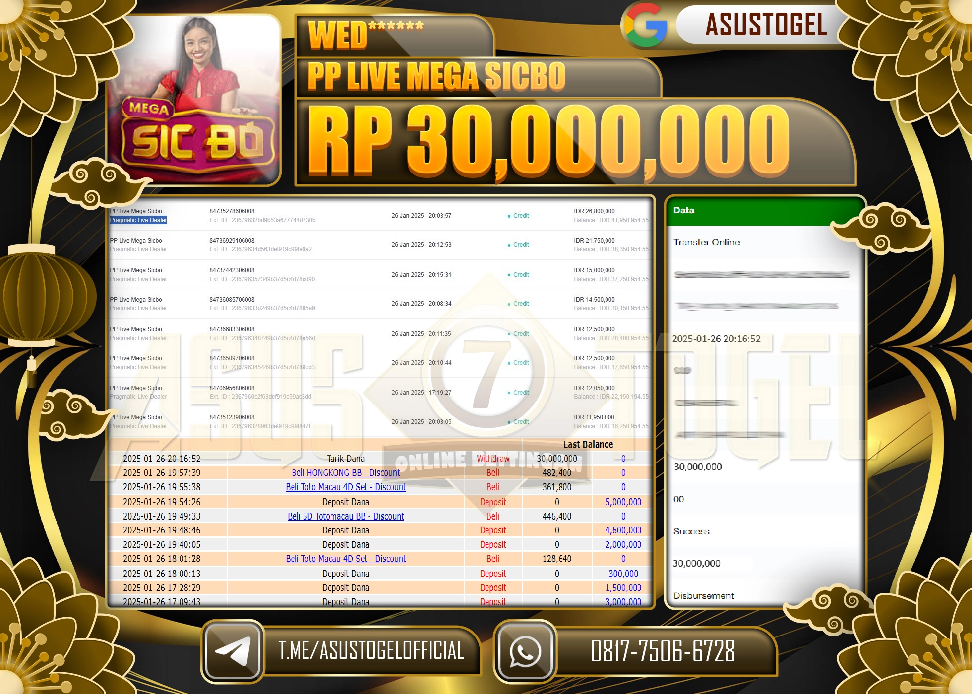 ASUSTOGEL KEMENANGAN DI PP LIVE MEGA SICBO SEBESAR 30.000.000 - RUPIAH LUNAS