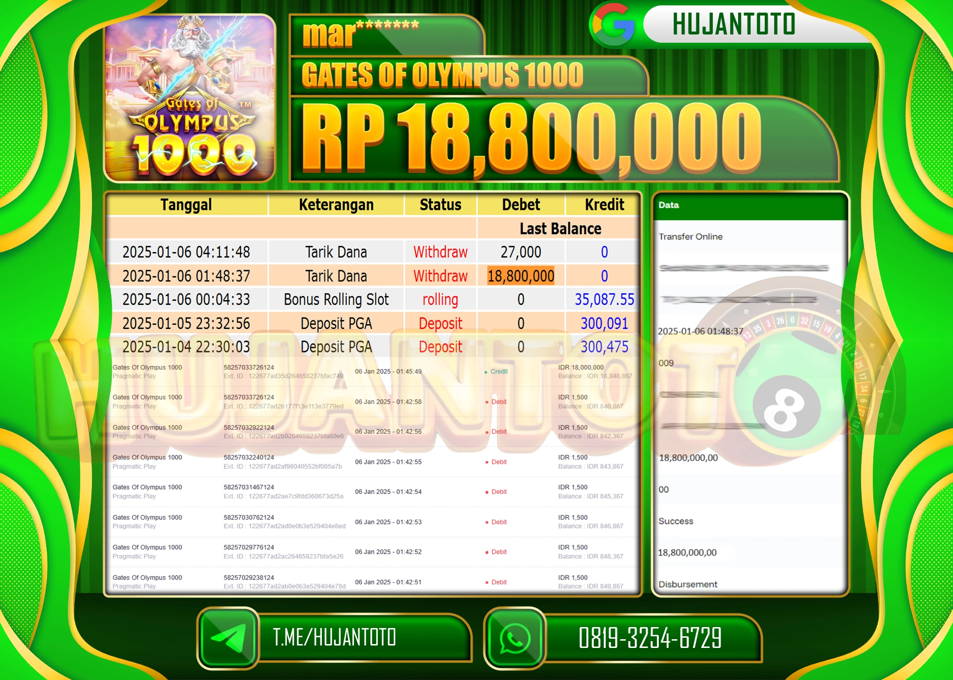 HUJANTOTO - BUKTI JACKPOT DI PERMAINAN SLOT GATES OF OLYMPUS 1000 Rp.18,800,000,- TERBAYAR LUNAS