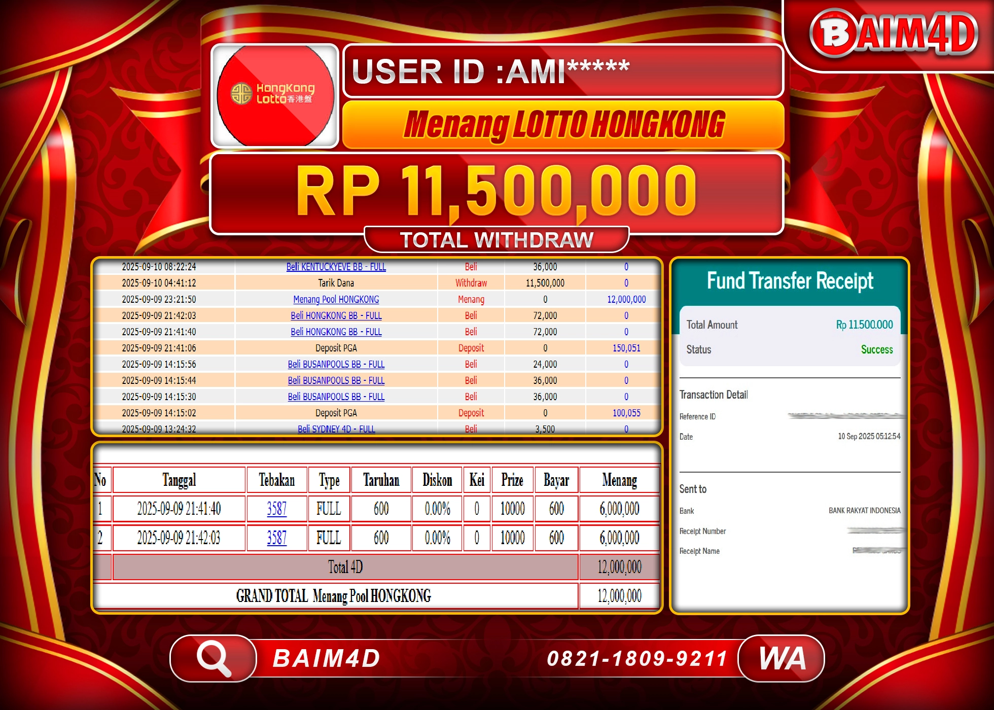 BAIM4D JACKPOT TOGEL HONGKONG LOTTO Rp.11,500,000.- LUNAS