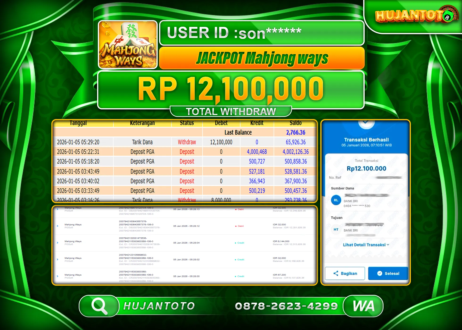 HUJANTOTO - BUKTI JACKPOT MENANG SLOT MAHJONG WAYS Rp.12,100,000 - TERBAYAR LUNAS