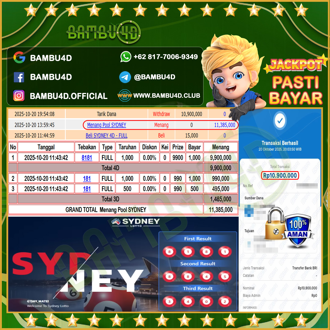 BAMBU4D JACKPOT TOGEL SYDNEY LOTTO Rp.11.385.000,- LUNAS