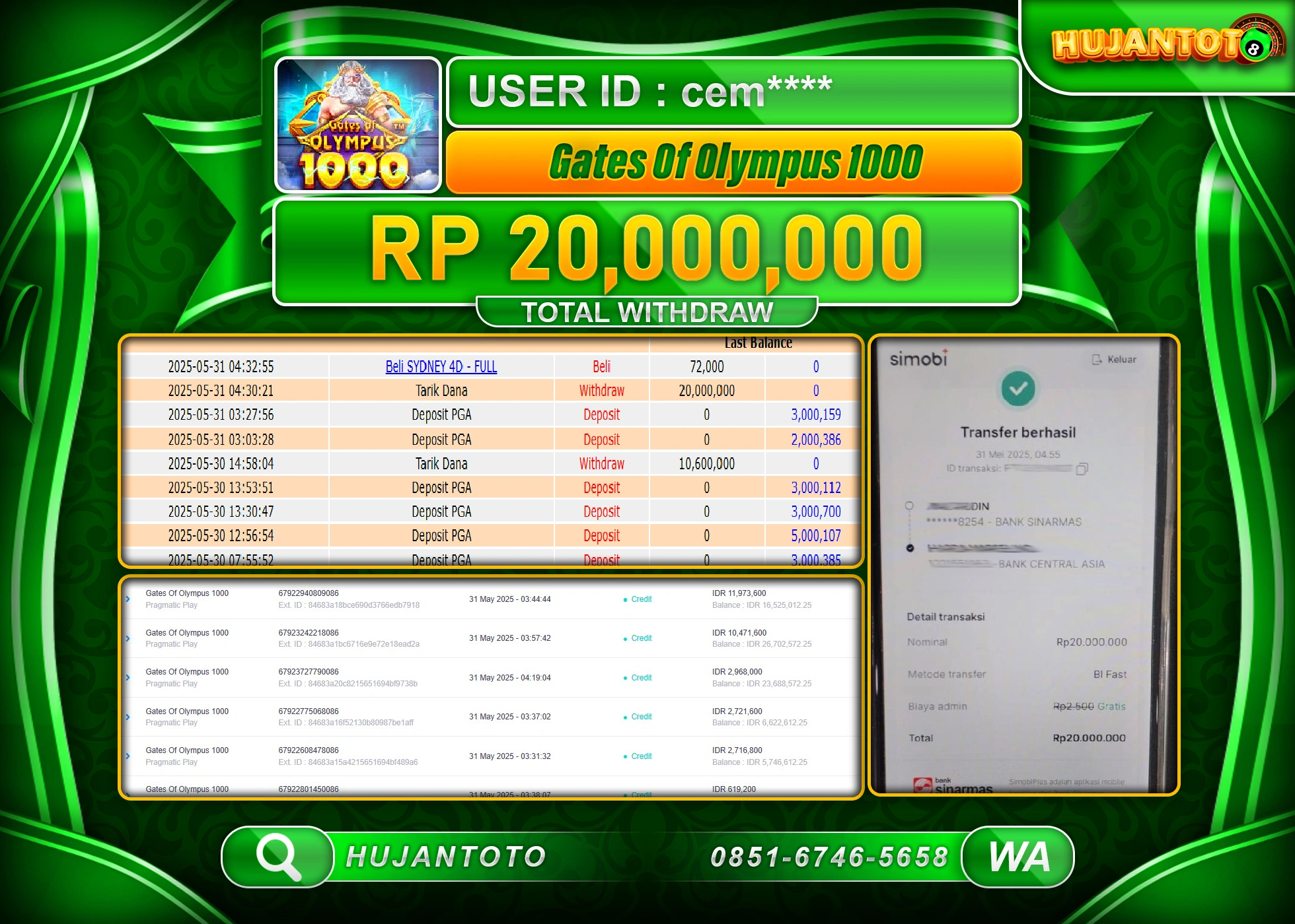  HUJANTOTO - BUKTI JACKPOT MENANG SLOT GATES OF OLYMPUS 1000 Rp.20,000,000 - TERBAYAR LUNAS