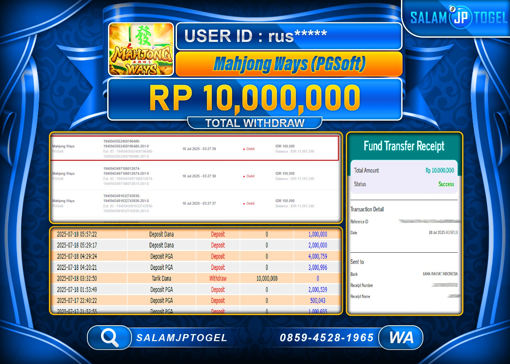SALAMJPTOGEL MENANG PG SOFT MAHJONG WAYS Rp.10,000,000